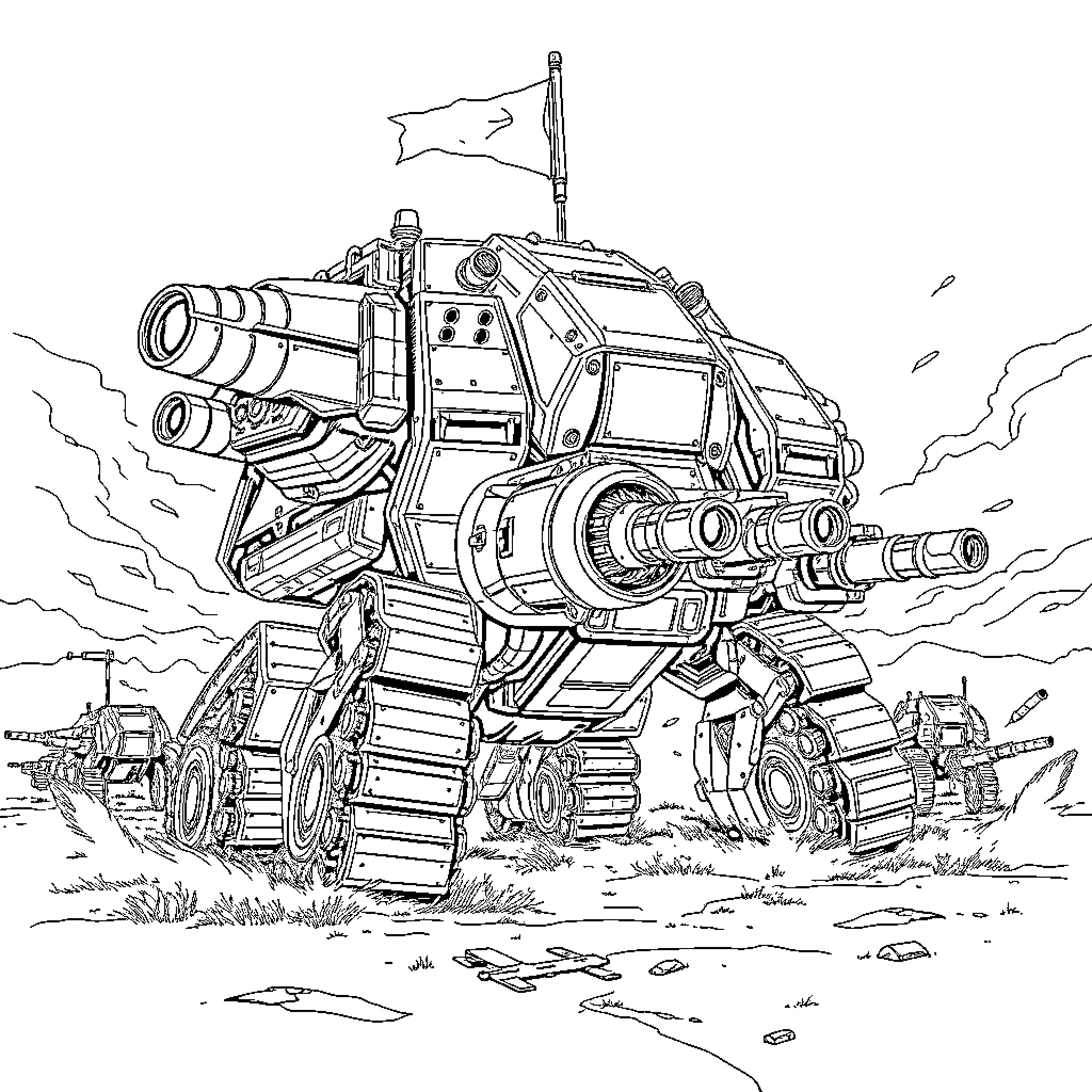 Stompa armored assault vehicle in action Coloring Page (free black-and-white line drawing printable PDF for all, from beginners to advanced learners, including children, teens, adults, and seniors)