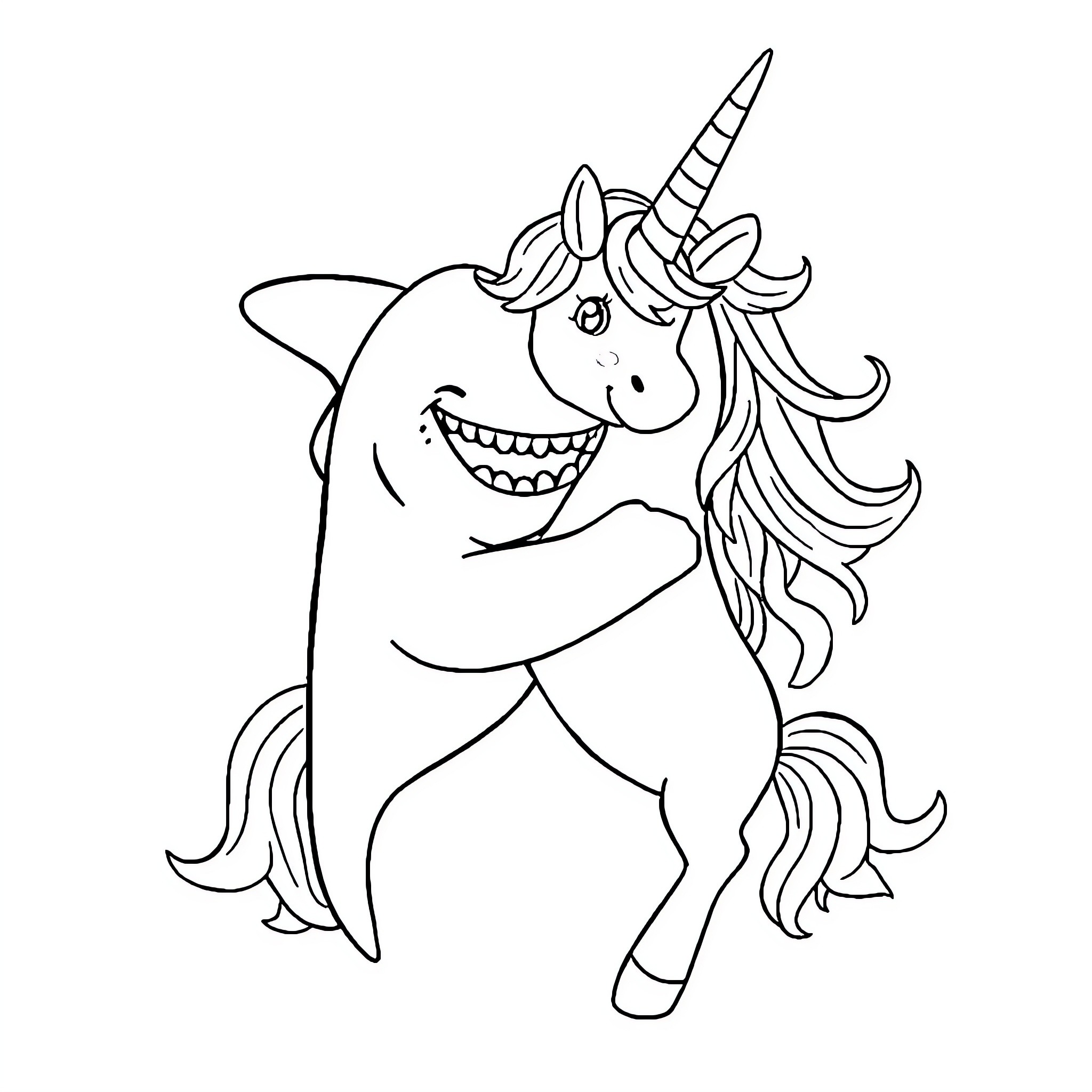 Shark unicorn with a happy expression Coloring Page (free black-and-white line drawing printable PDF for all, from beginners to advanced learners, including children, teens, adults, and seniors)