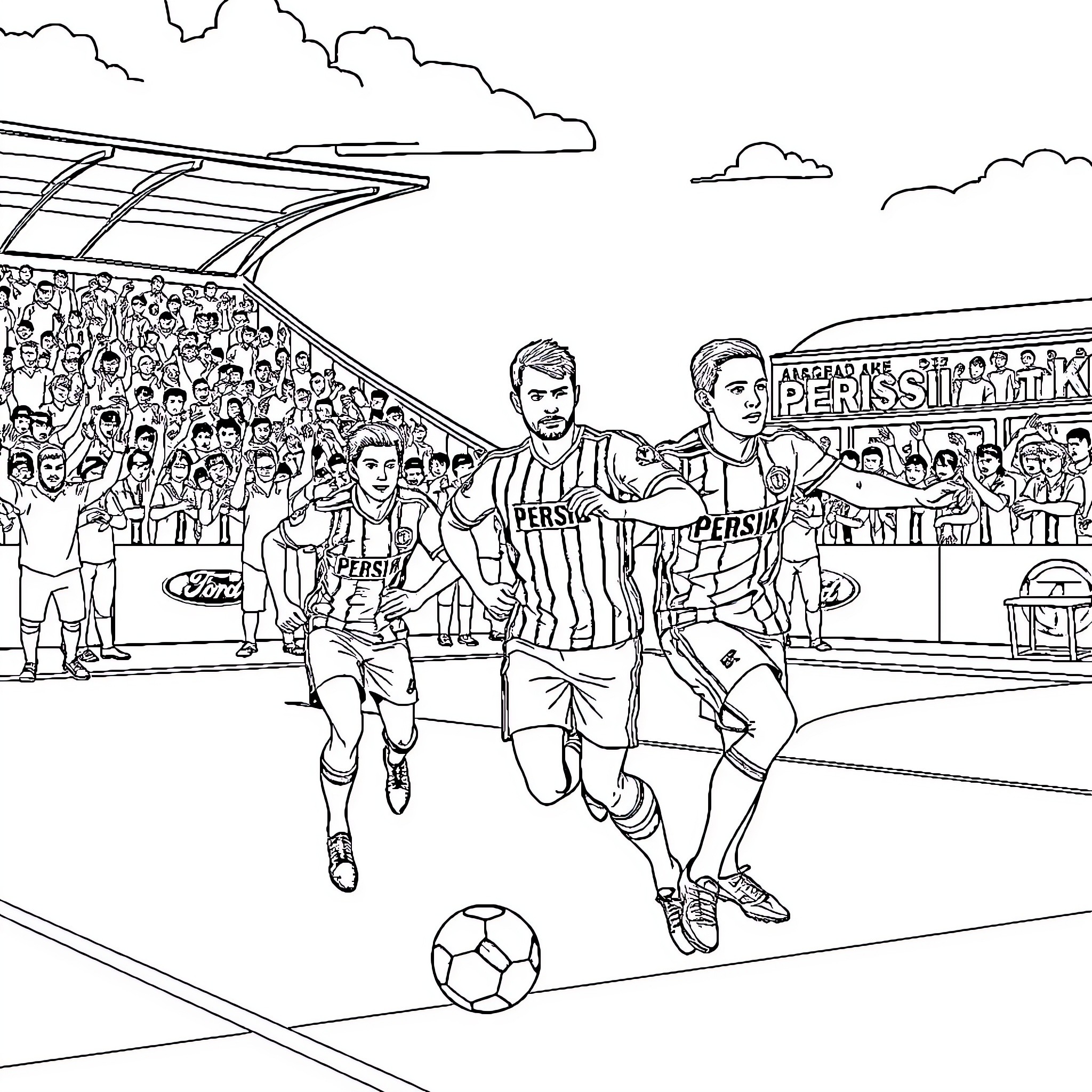 Persib football players in action on the field Coloring Page (free black-and-white line drawing printable PDF for all, from beginners to advanced learners, including children, teens, adults, and seniors)