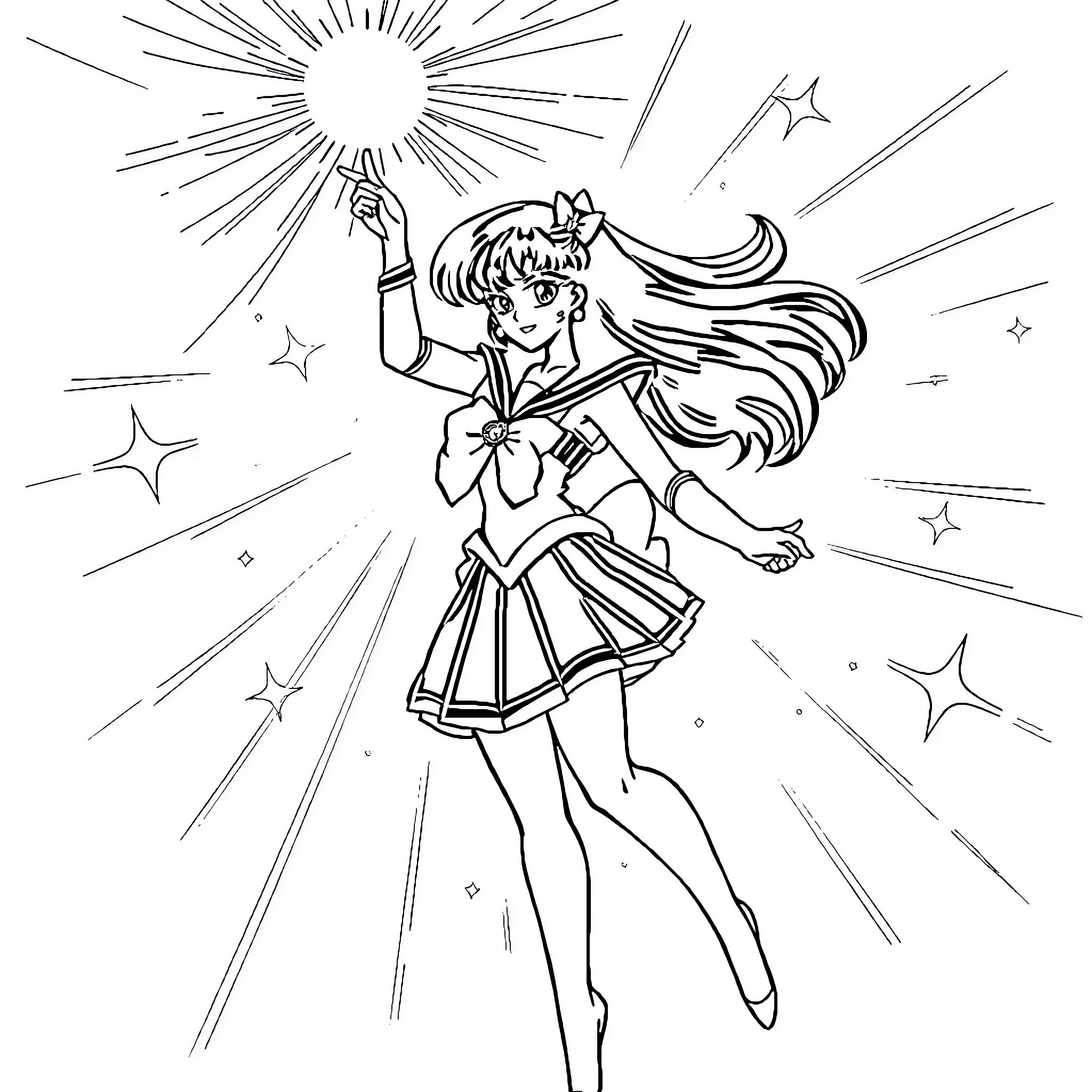 Sailor Mars in Heroic Pose with Celestial Backdrop Coloring Page (free black-and-white line drawing printable PDF for all, from beginners to advanced learners, including children, teens, adults, and seniors)