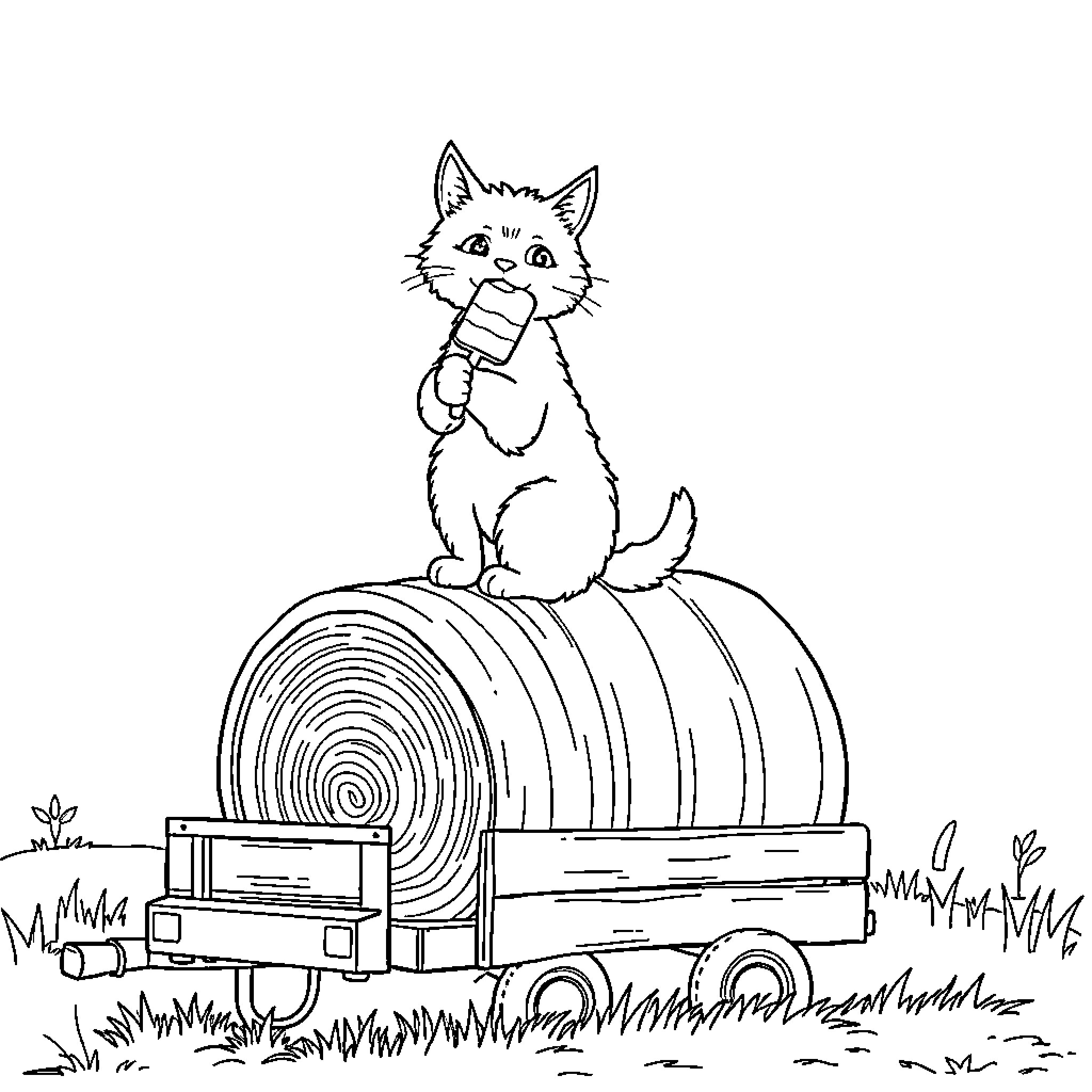 Cat playing on a hay bale in the countryside Coloring Page (free black-and-white line drawing printable PDF for all, from beginners to advanced learners, including children, teens, adults, and seniors)