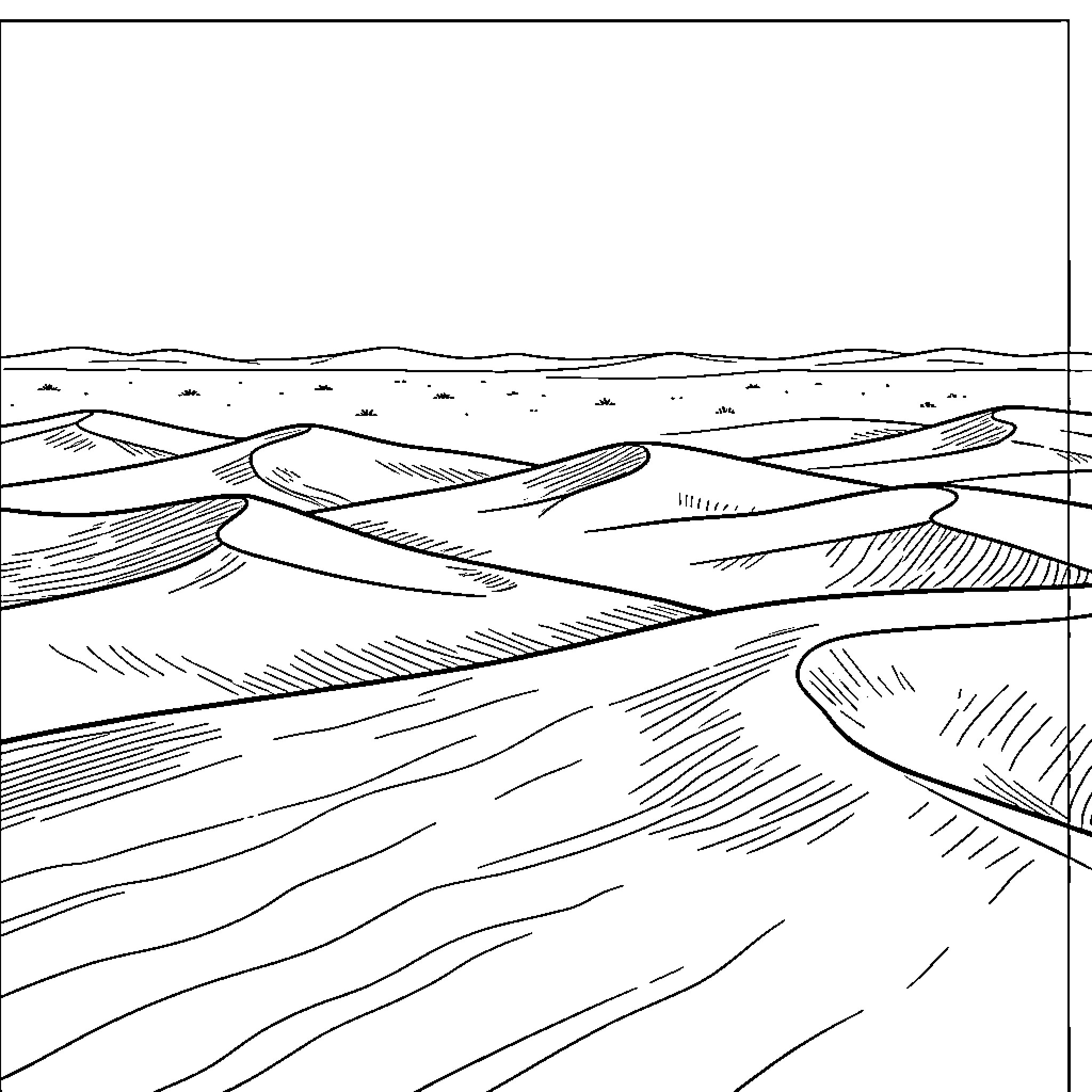 Thar Desert Landscape with Undulating Terrain Coloring Page (free black-and-white line drawing printable PDF for all, from beginners to advanced learners, including children, teens, adults, and seniors)