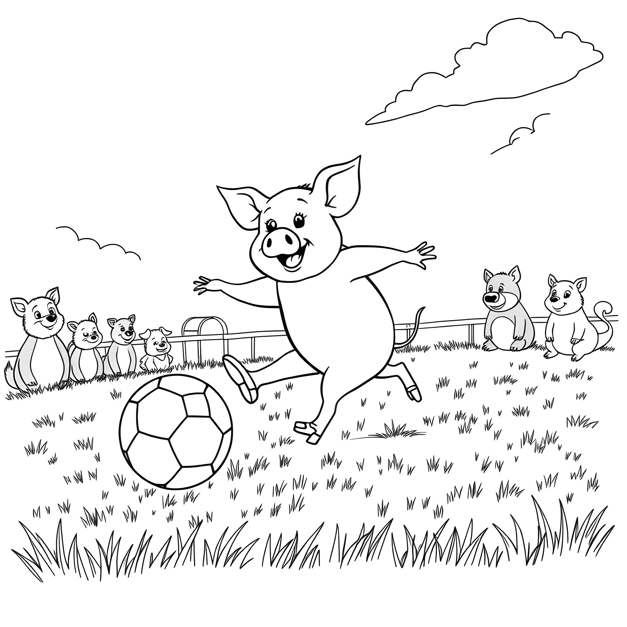 Pig playing soccer with kittens in the field Coloring Page (free black-and-white line drawing printable PDF for all, from beginners to advanced learners, including children, teens, adults, and seniors)