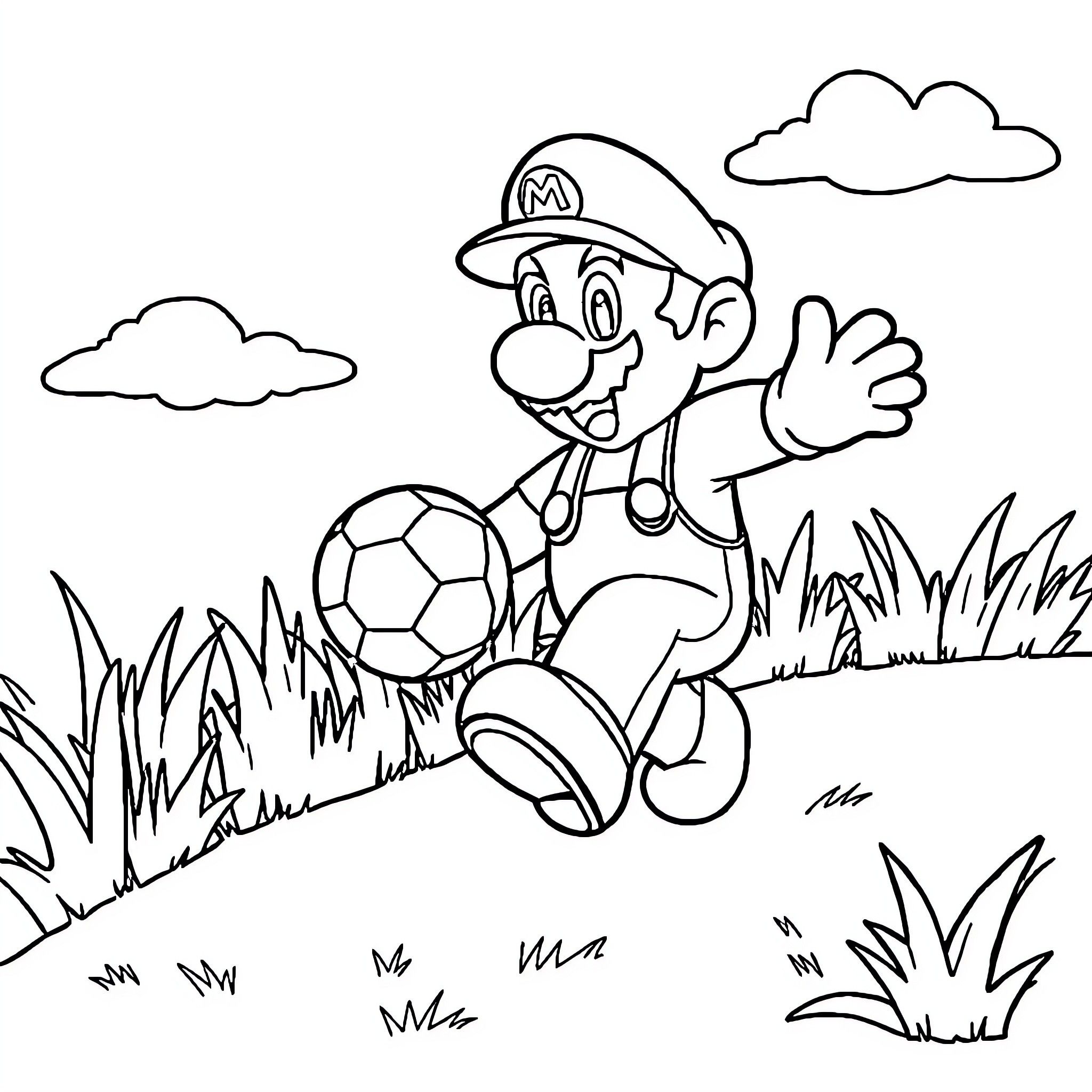 Mario playing with soccer ball in the park Coloring Page (free black-and-white line drawing printable PDF for all, from beginners to advanced learners, including children, teens, adults, and seniors)