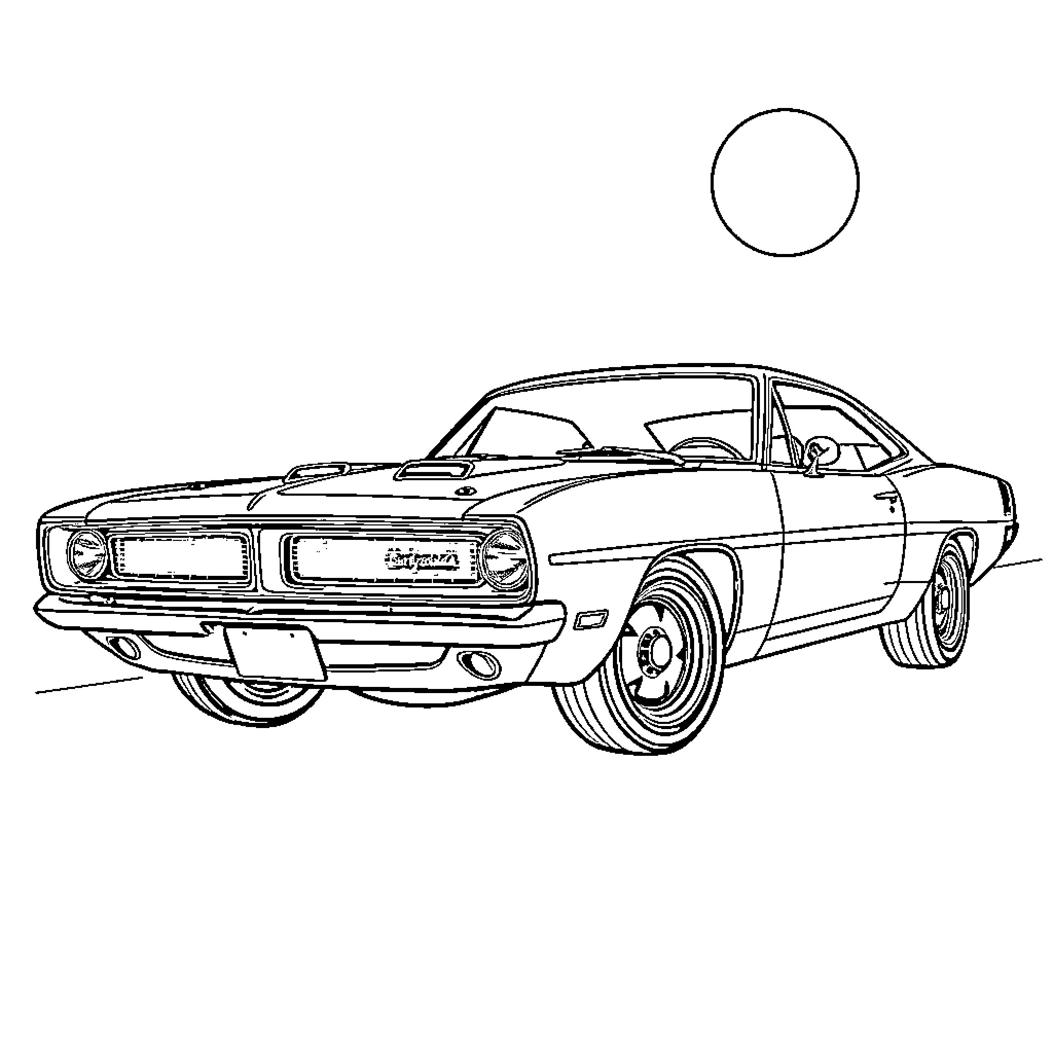 Barracuda muscle car in racing pose Coloring Page (free black-and-white line drawing printable PDF for all, from beginners to advanced learners, including children, teens, adults, and seniors)
