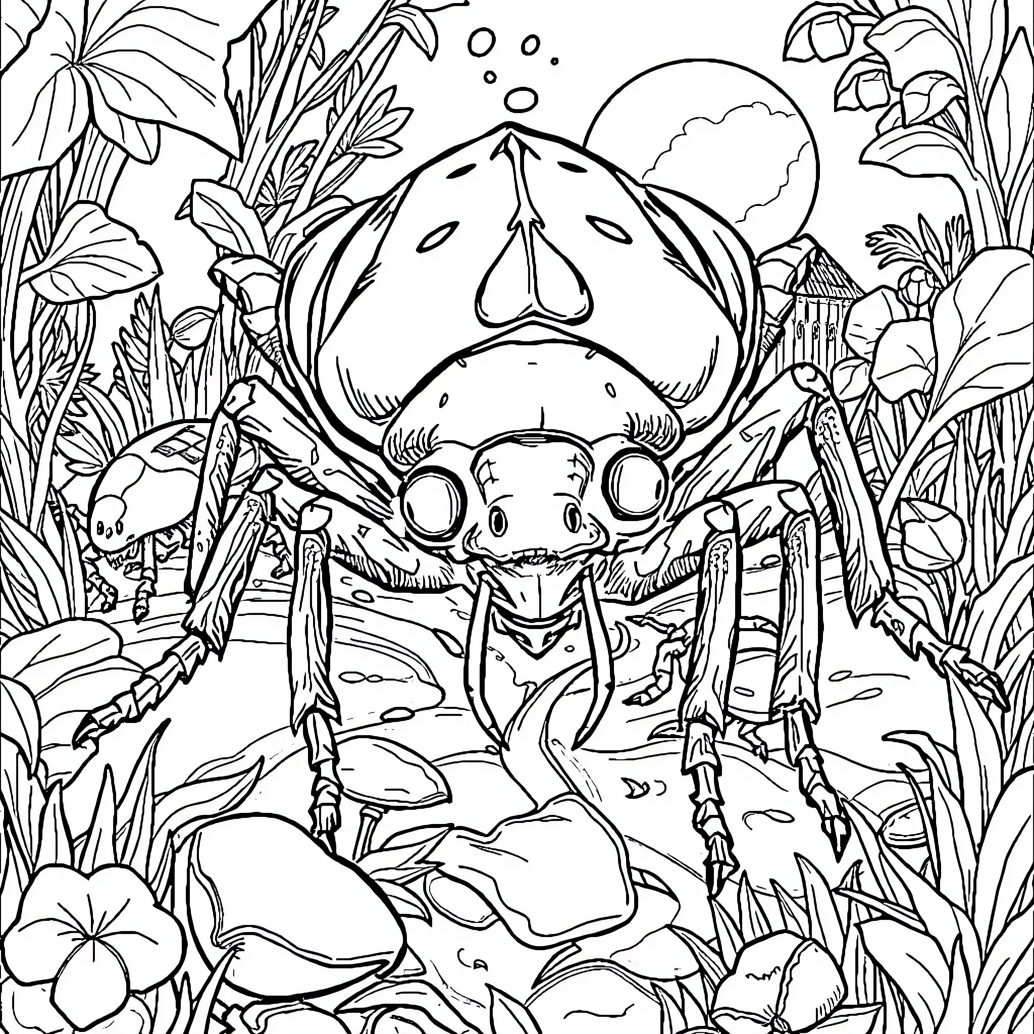 Bug exploring the enchanting forest Coloring Page (free black-and-white line drawing printable PDF for all, from beginners to advanced learners, including children, teens, adults, and seniors)