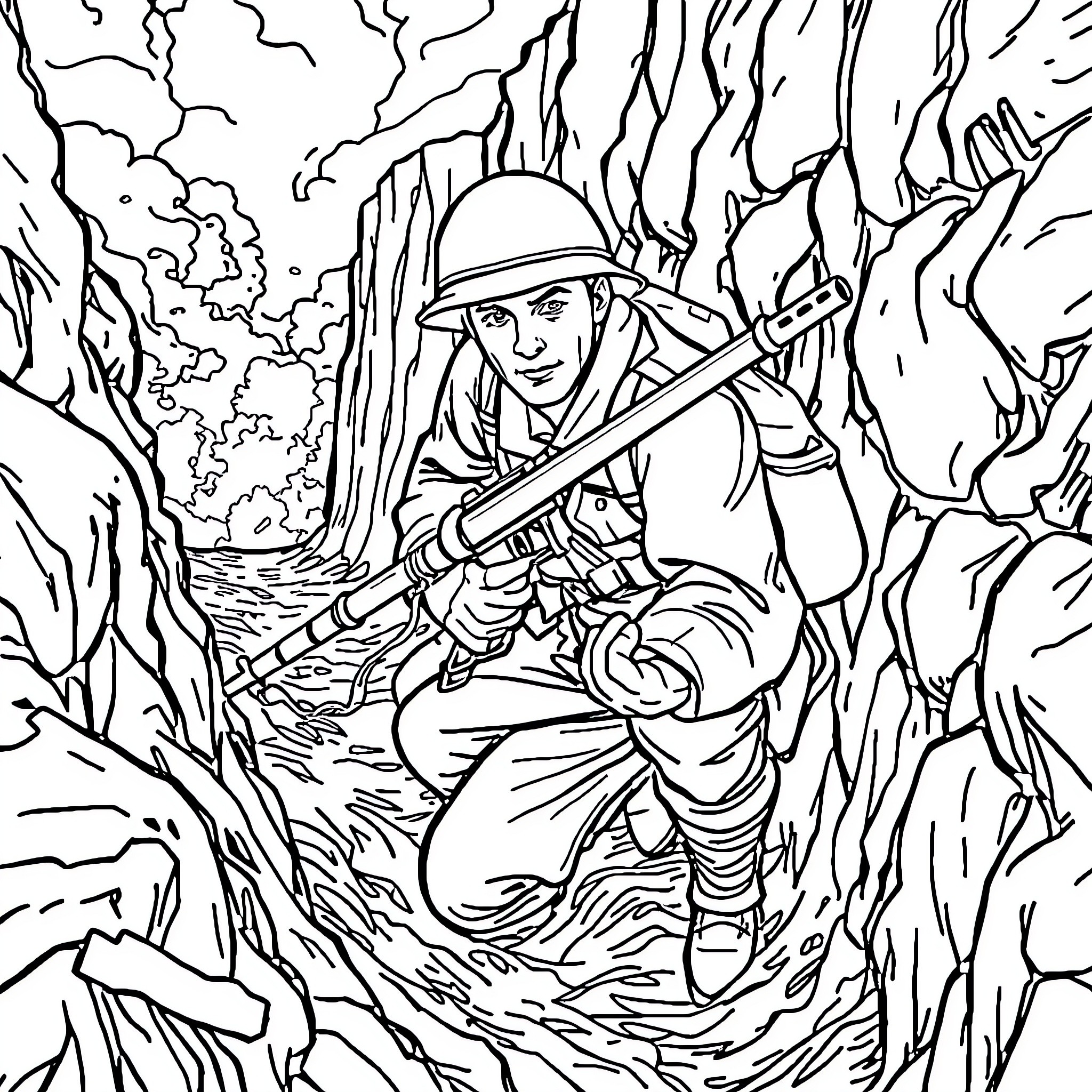 Soldier navigating through treacherous terrain Coloring Page (free black-and-white line drawing printable PDF for all, from beginners to advanced learners, including children, teens, adults, and seniors)
