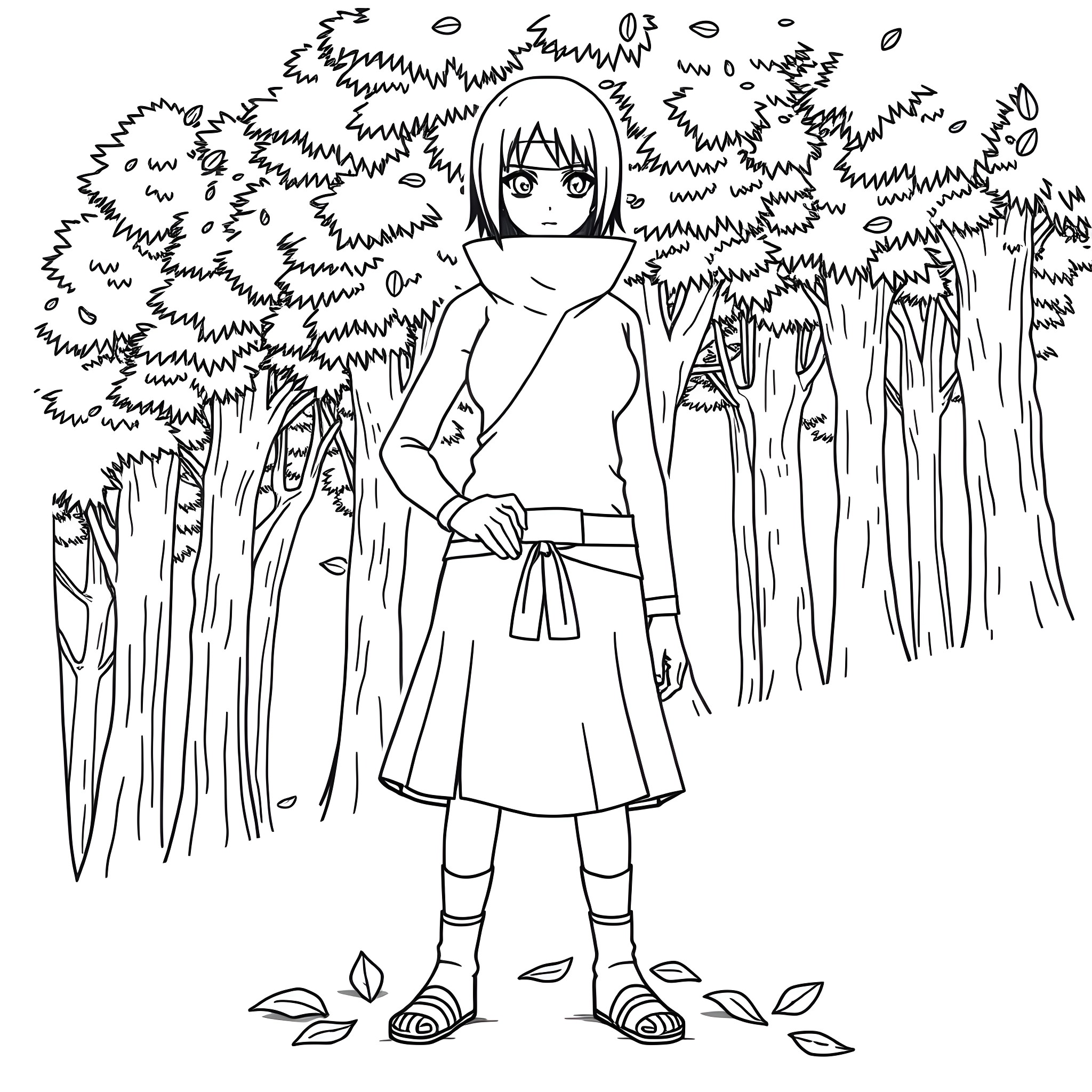 Sarada Uchiha exploring the enchanted forest Coloring Page (free black-and-white line drawing printable PDF for all, from beginners to advanced learners, including children, teens, adults, and seniors)