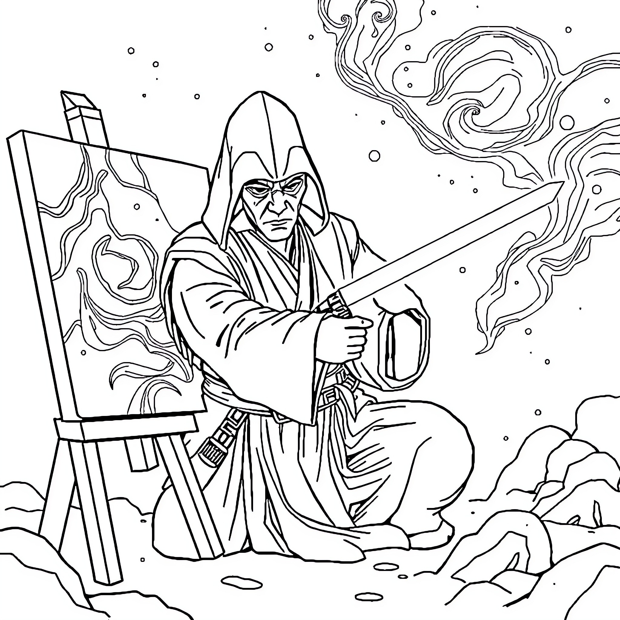 Jedi Master Painting a Cosmic Landscape Coloring Page (free black-and-white line drawing printable PDF for all, from beginners to advanced learners, including children, teens, adults, and seniors)