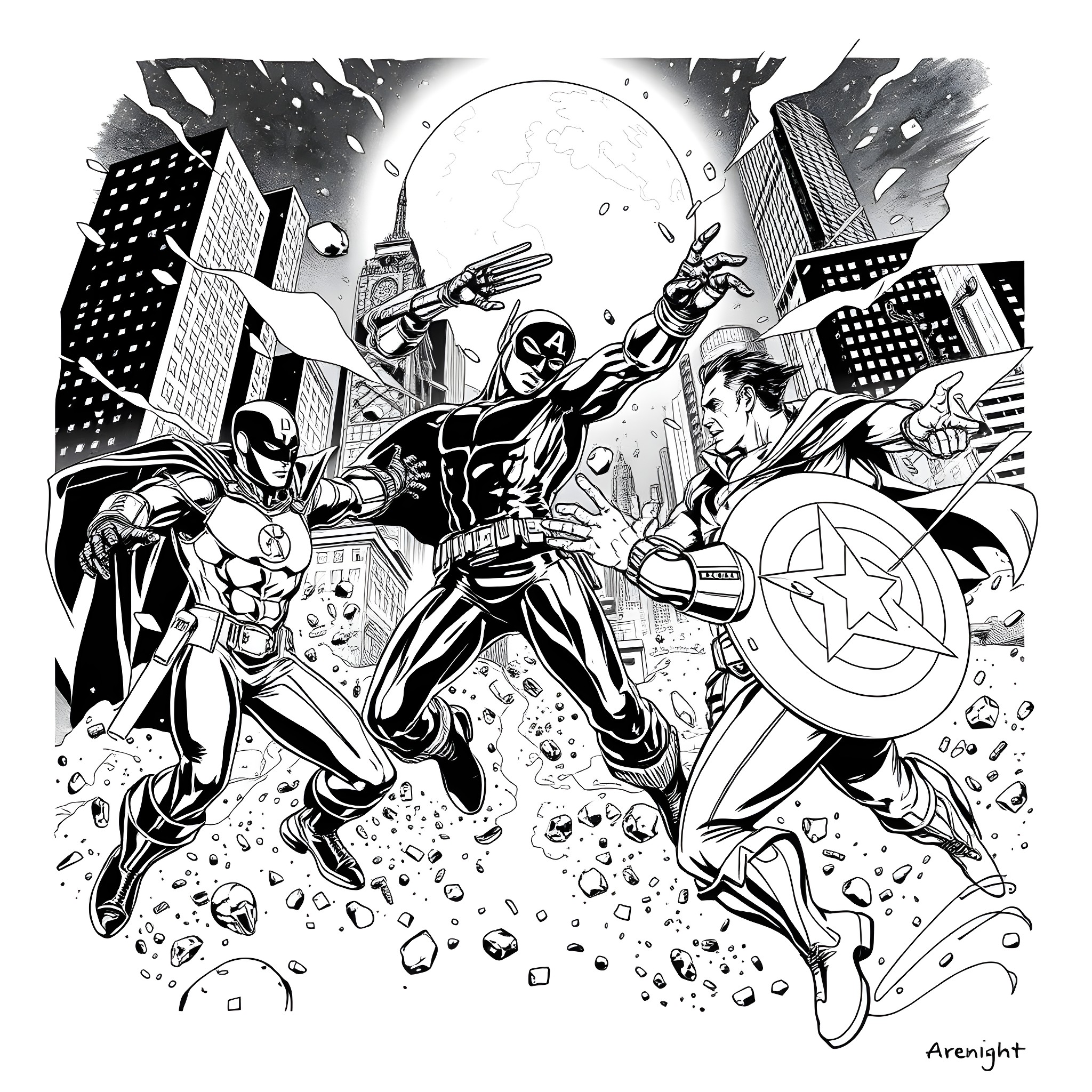 Moon Knight and Superhero Action in the City Coloring Page (free black-and-white line drawing printable PDF for all, from beginners to advanced learners, including children, teens, adults, and seniors)