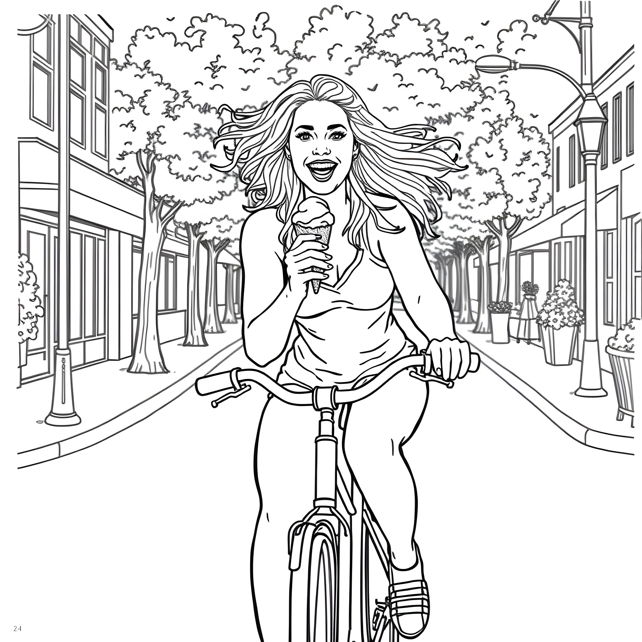 Britney Spears enjoying a bike ride in the city Coloring Page (free black-and-white line drawing printable PDF for all, from beginners to advanced learners, including children, teens, adults, and seniors)