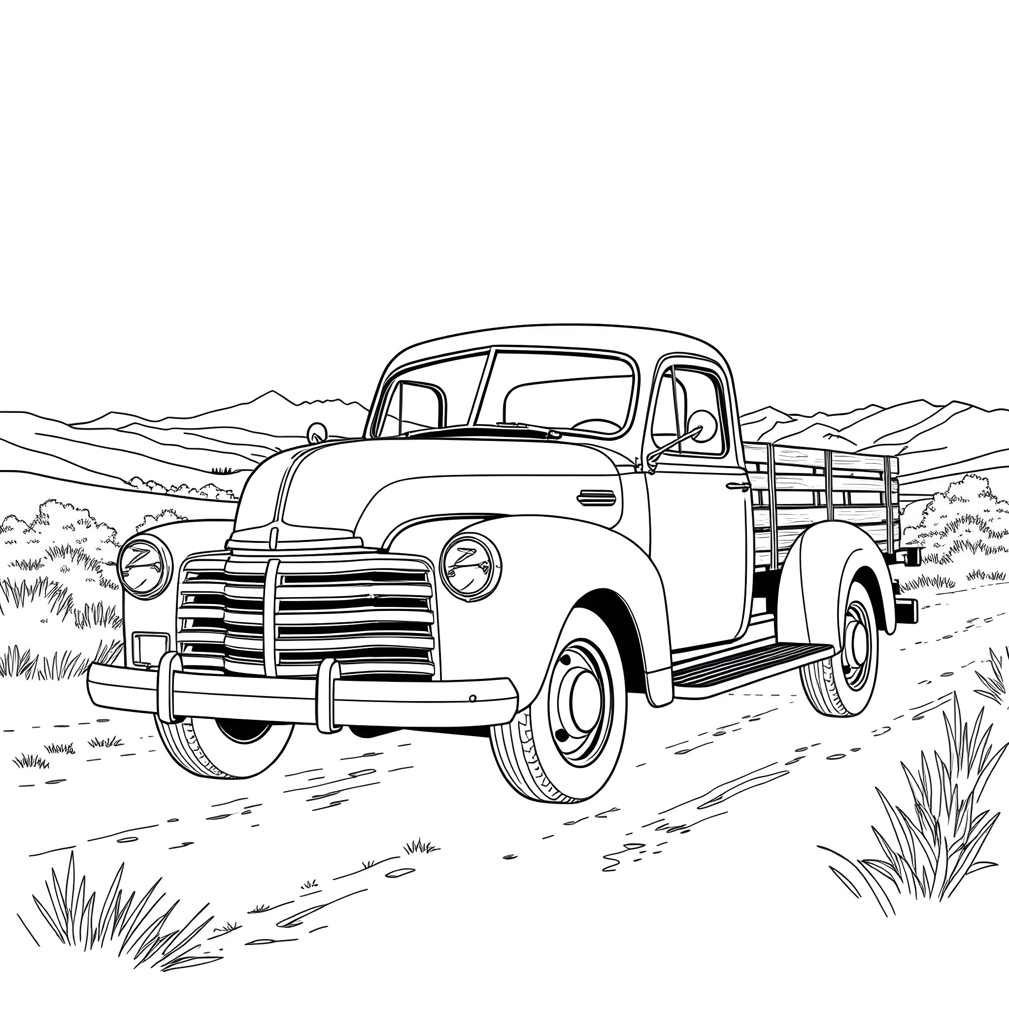 Truck carrying cargo through the countryside Coloring Page (free black-and-white line drawing printable PDF for all, from beginners to advanced learners, including children, teens, adults, and seniors)