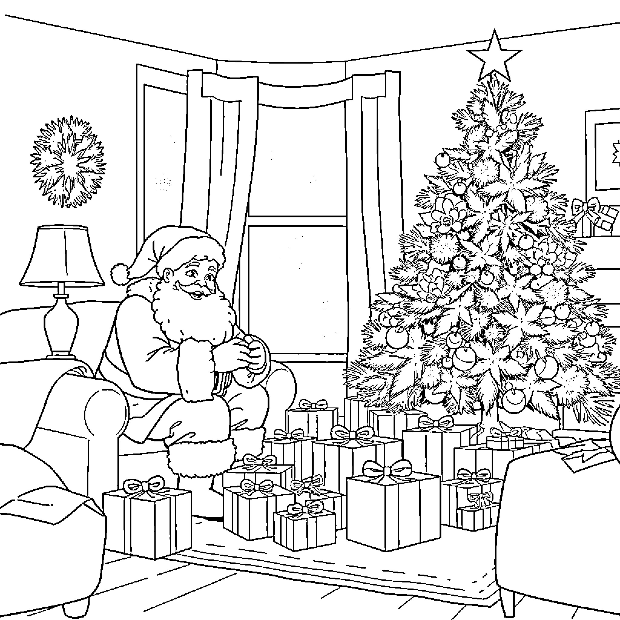 Santa relaxing by the Christmas tree with presents Coloring Page (free black-and-white line drawing printable PDF for all, from beginners to advanced learners, including children, teens, adults, and seniors)
