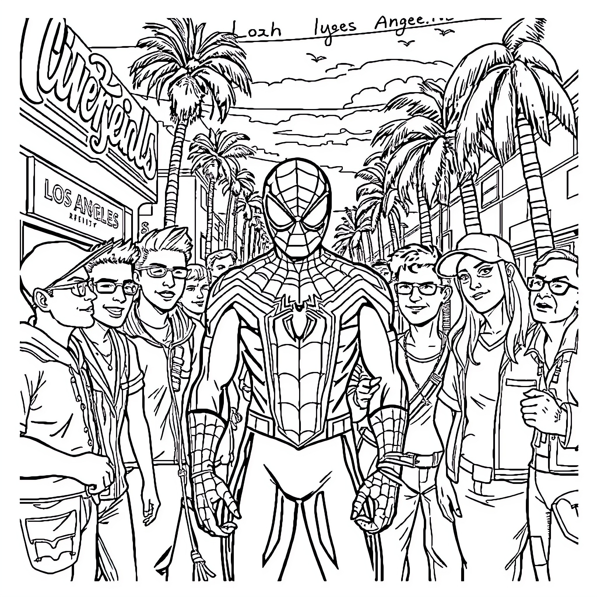 Spider-Man meets fans in vibrant cityscape Coloring Page (free black-and-white line drawing printable PDF for all, from beginners to advanced learners, including children, teens, adults, and seniors)