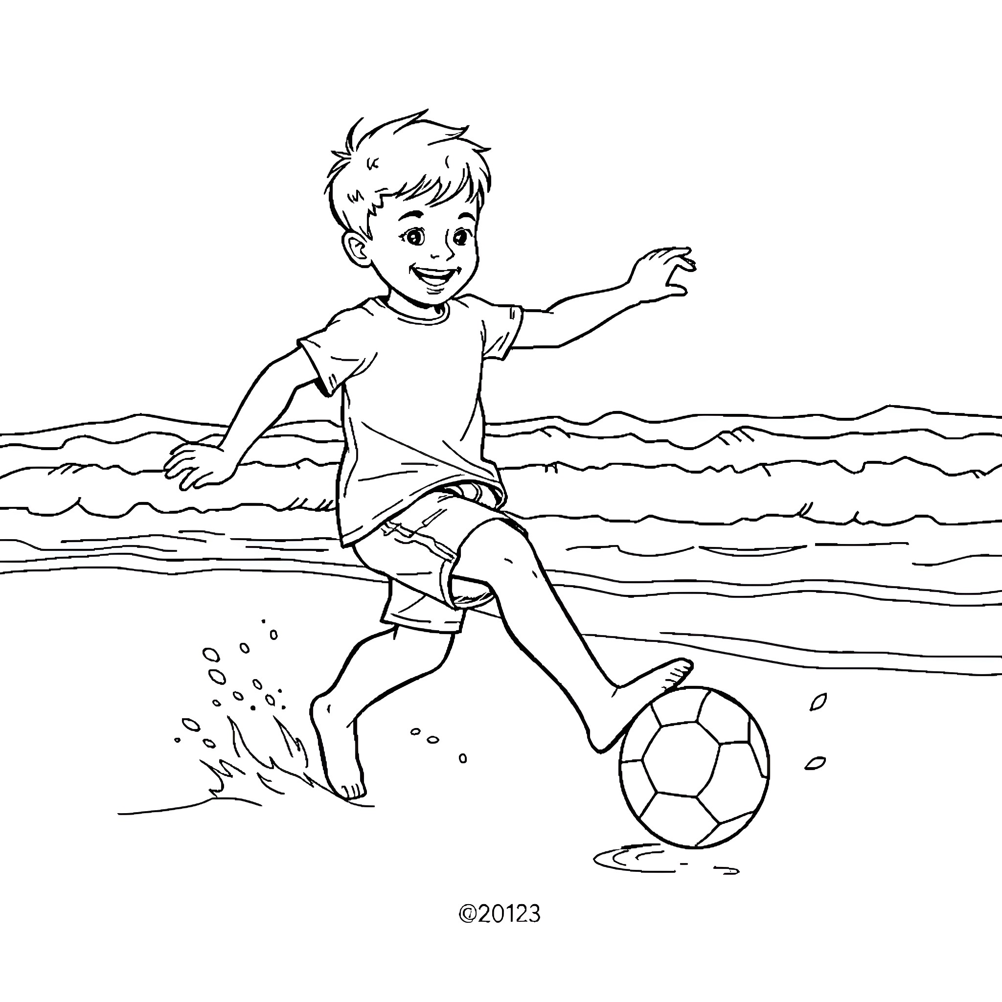 Boy playing with soccer ball on the beach Coloring Page (free black-and-white line drawing printable PDF for all, from beginners to advanced learners, including children, teens, adults, and seniors)