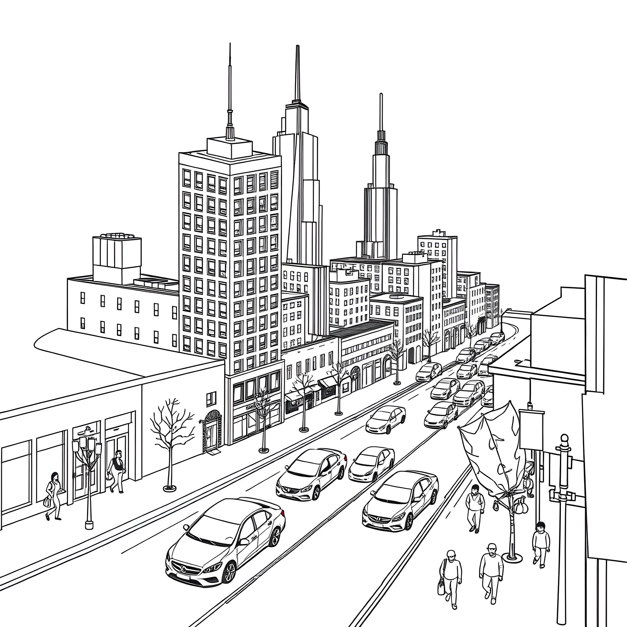 City street with towering skyscrapers and bustling traffic Coloring Page (free black-and-white line drawing printable PDF for all, from beginners to advanced learners, including children, teens, adults, and seniors)