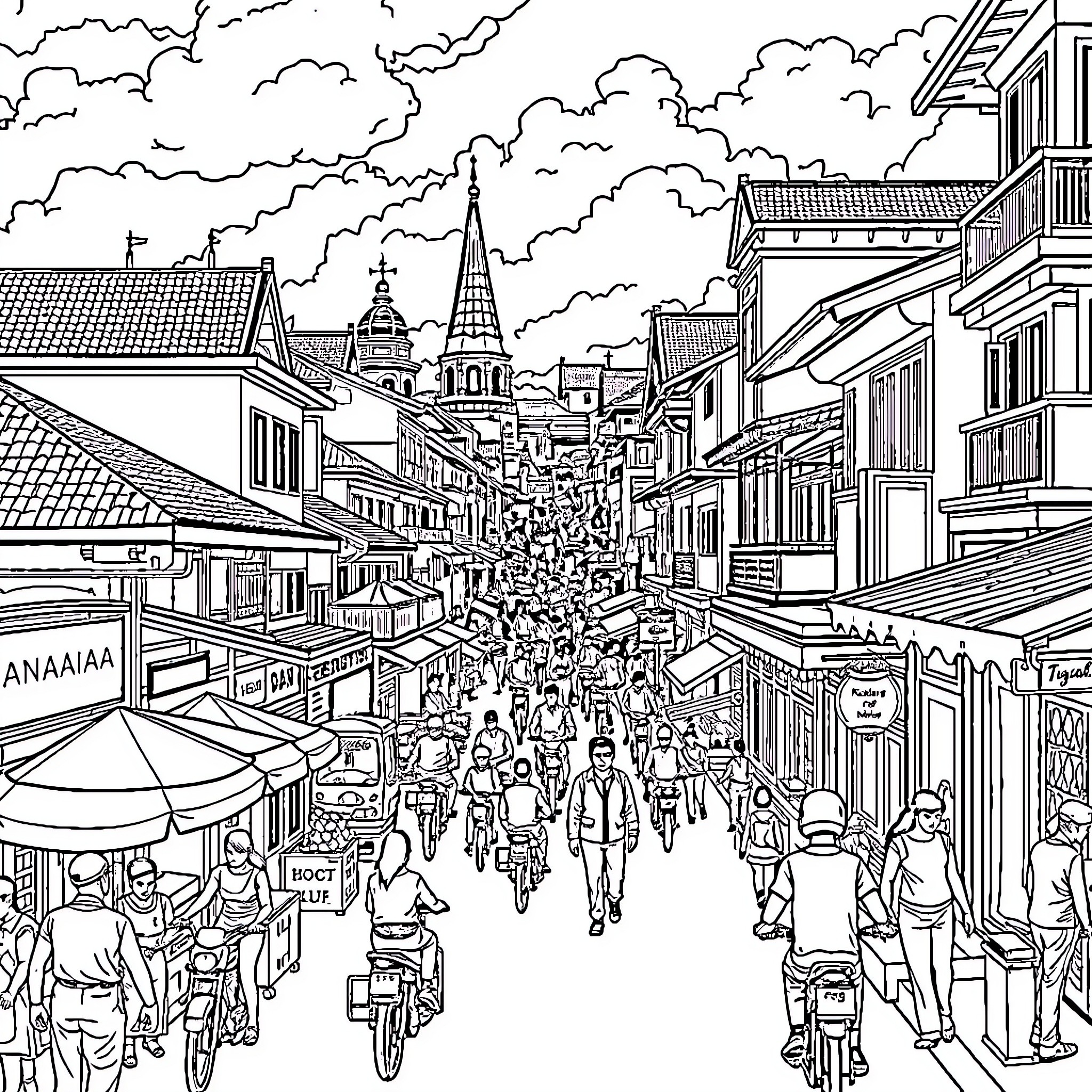 Yogyakarta street scene with bustling crowds and historic architecture Coloring Page (free black-and-white line drawing printable PDF for all, from beginners to advanced learners, including children, teens, adults, and seniors)