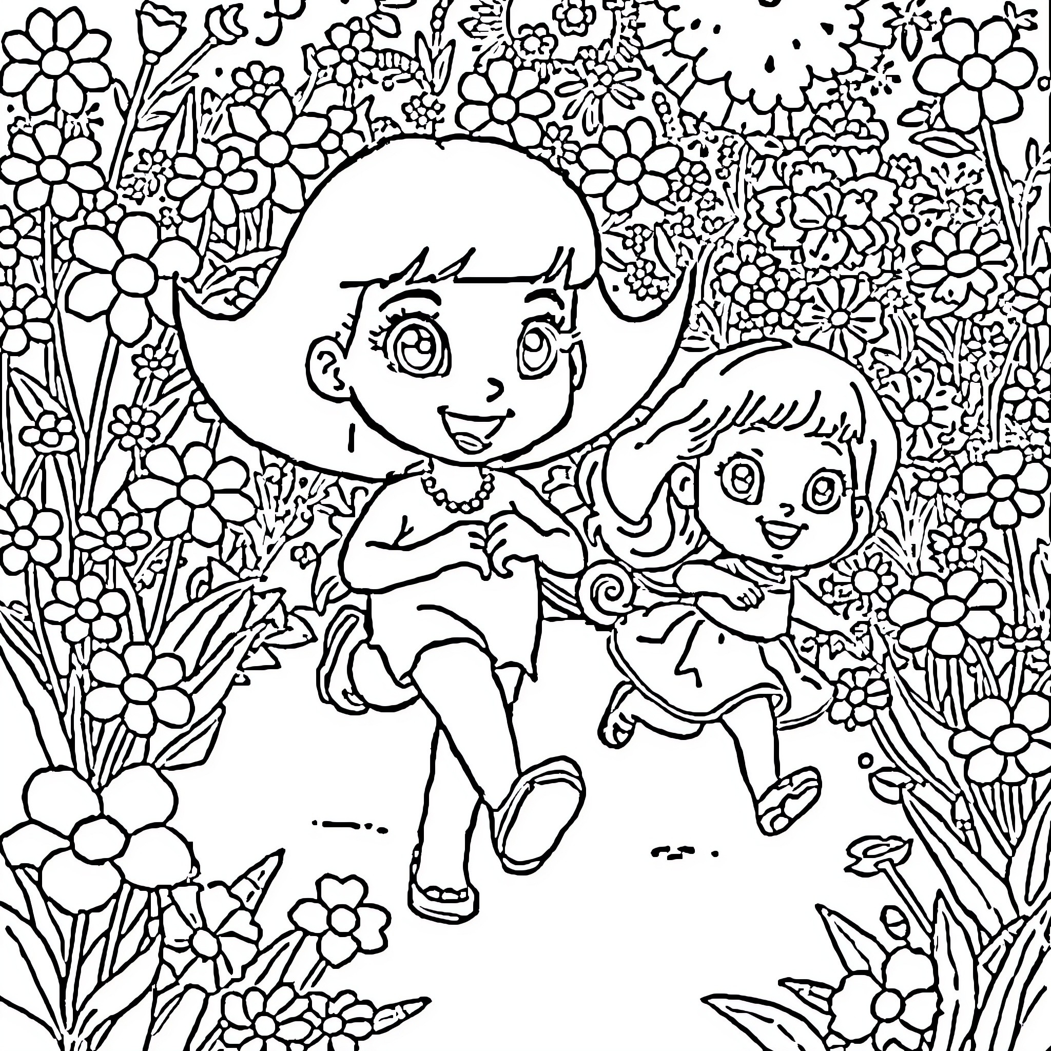 Dora and Boots Explore the Flower Garden Coloring Page (free black-and-white line drawing printable PDF for all, from beginners to advanced learners, including children, teens, adults, and seniors)