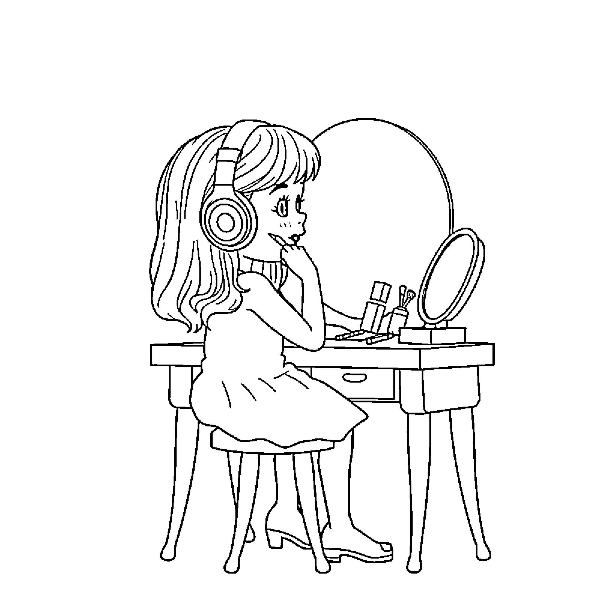 Girl Listening to Music and Applying Makeup Coloring Page (free black-and-white line drawing printable PDF for all, from beginners to advanced learners, including children, teens, adults, and seniors)
