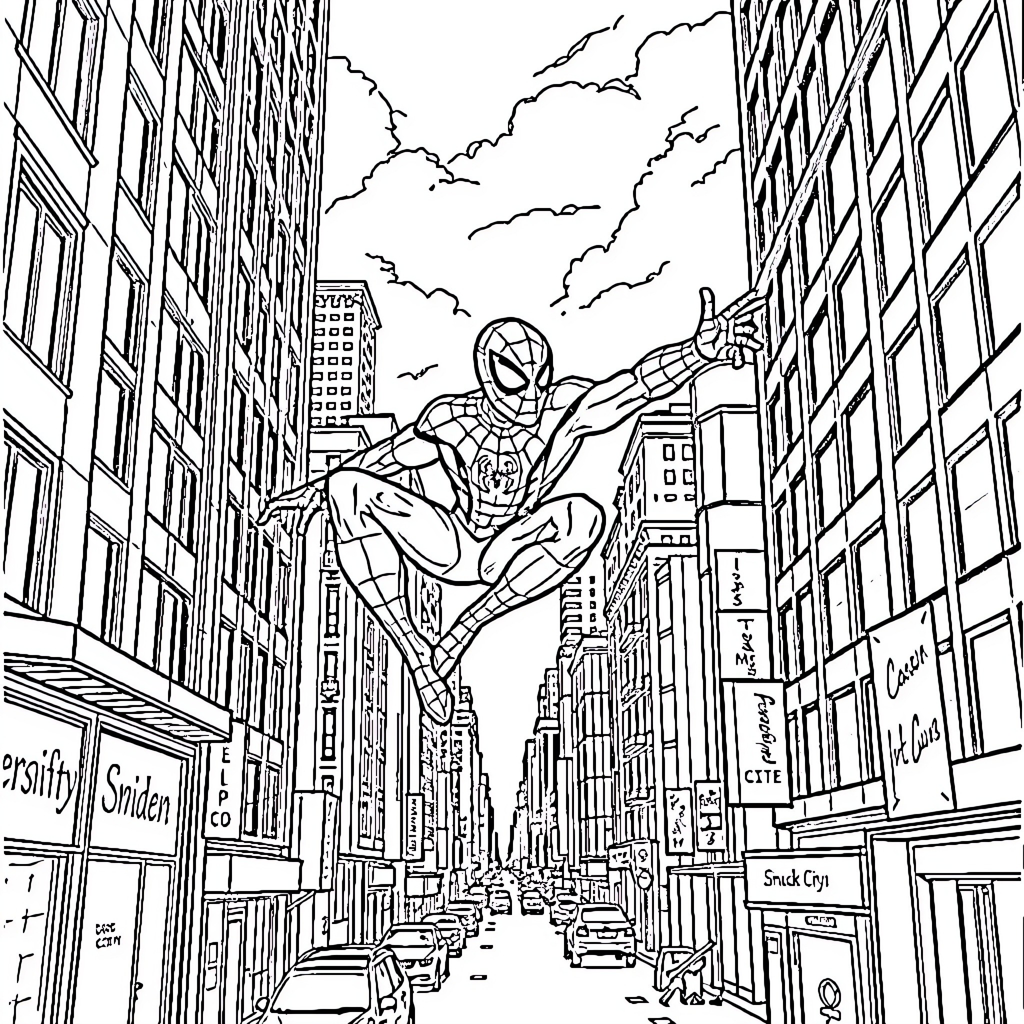Spiderman swinging through the cityscape Coloring Page (free black-and-white line drawing printable PDF for all, from beginners to advanced learners, including children, teens, adults, and seniors)