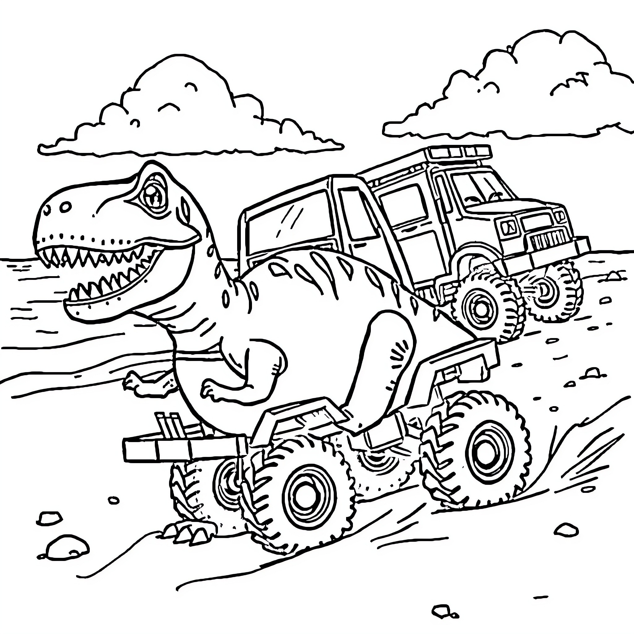 Dino Truck Chasing Adventure in the Wild Coloring Page (free black-and-white line drawing printable PDF for all, from beginners to advanced learners, including children, teens, adults, and seniors)