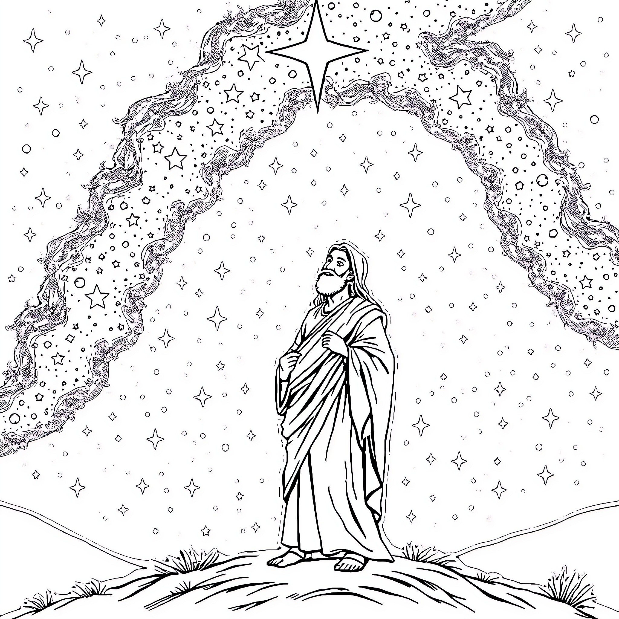 Star-filled Celestial Figure in Starry Night Coloring Page (free black-and-white line drawing printable PDF for all, from beginners to advanced learners, including children, teens, adults, and seniors)