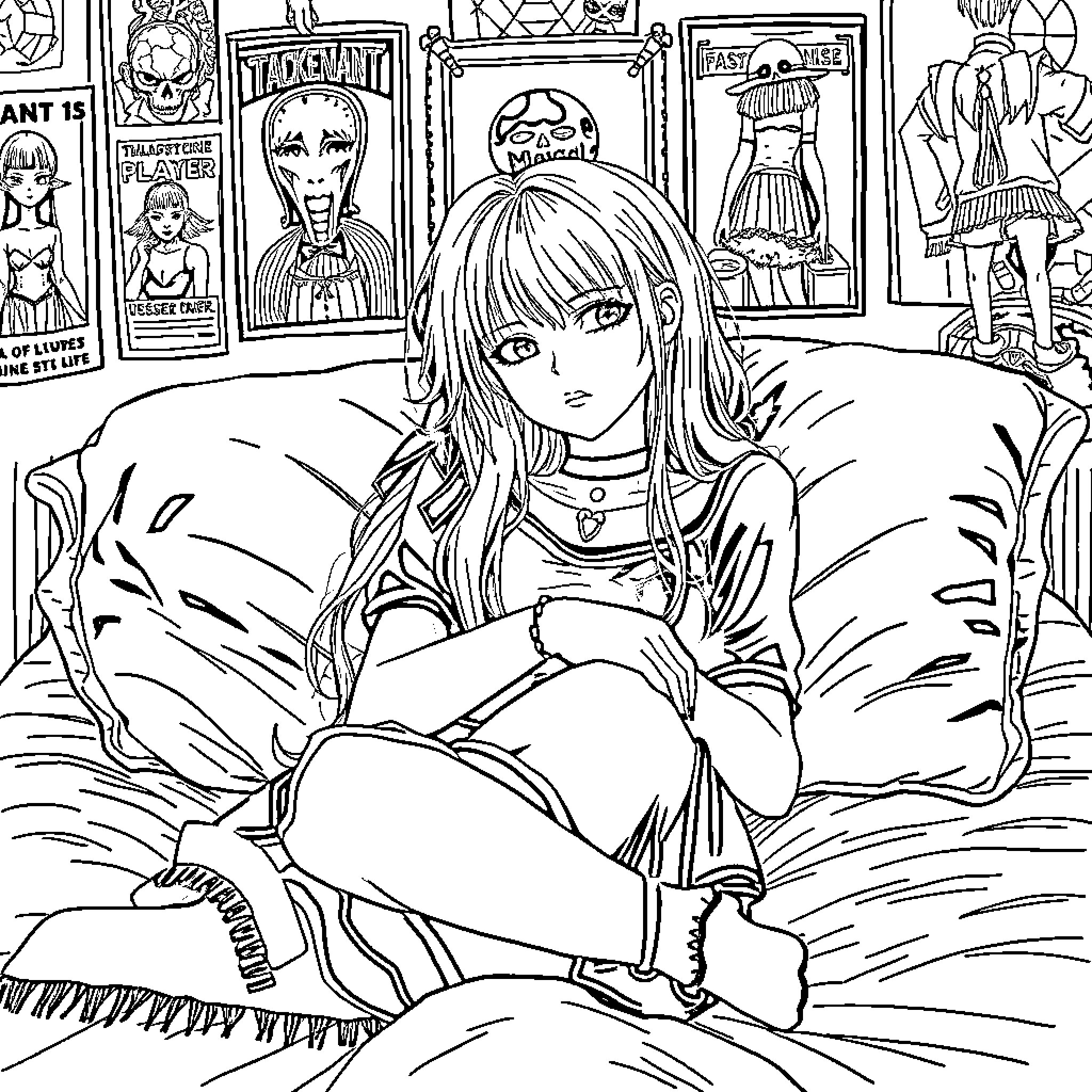 Goth Girl in Contemplative Pose Amidst Vintage Decor Coloring Page (free black-and-white line drawing printable PDF for all, from beginners to advanced learners, including children, teens, adults, and seniors)