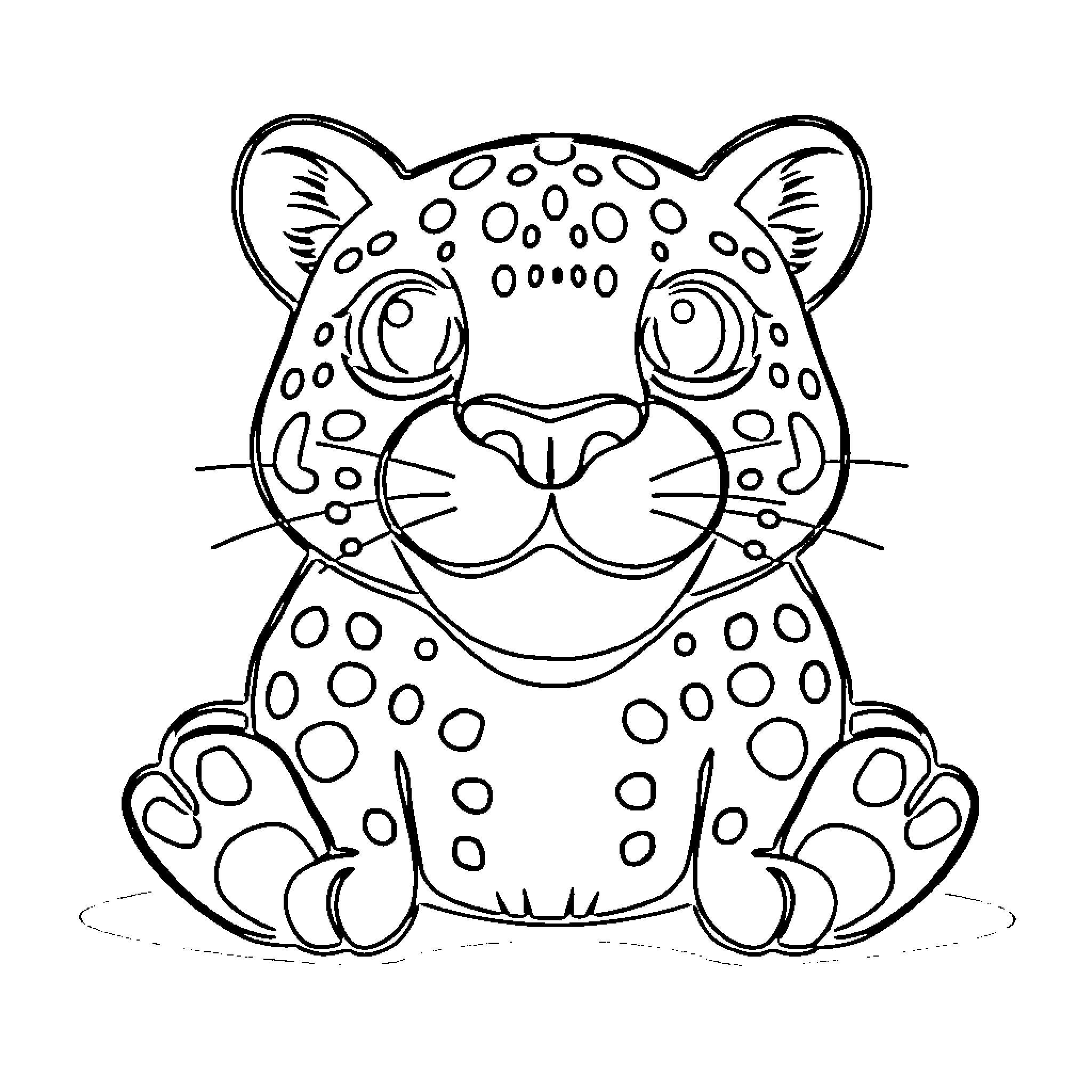 Leopard cub's friendly expression Coloring Page (free black-and-white line drawing printable PDF for all, from beginners to advanced learners, including children, teens, adults, and seniors)