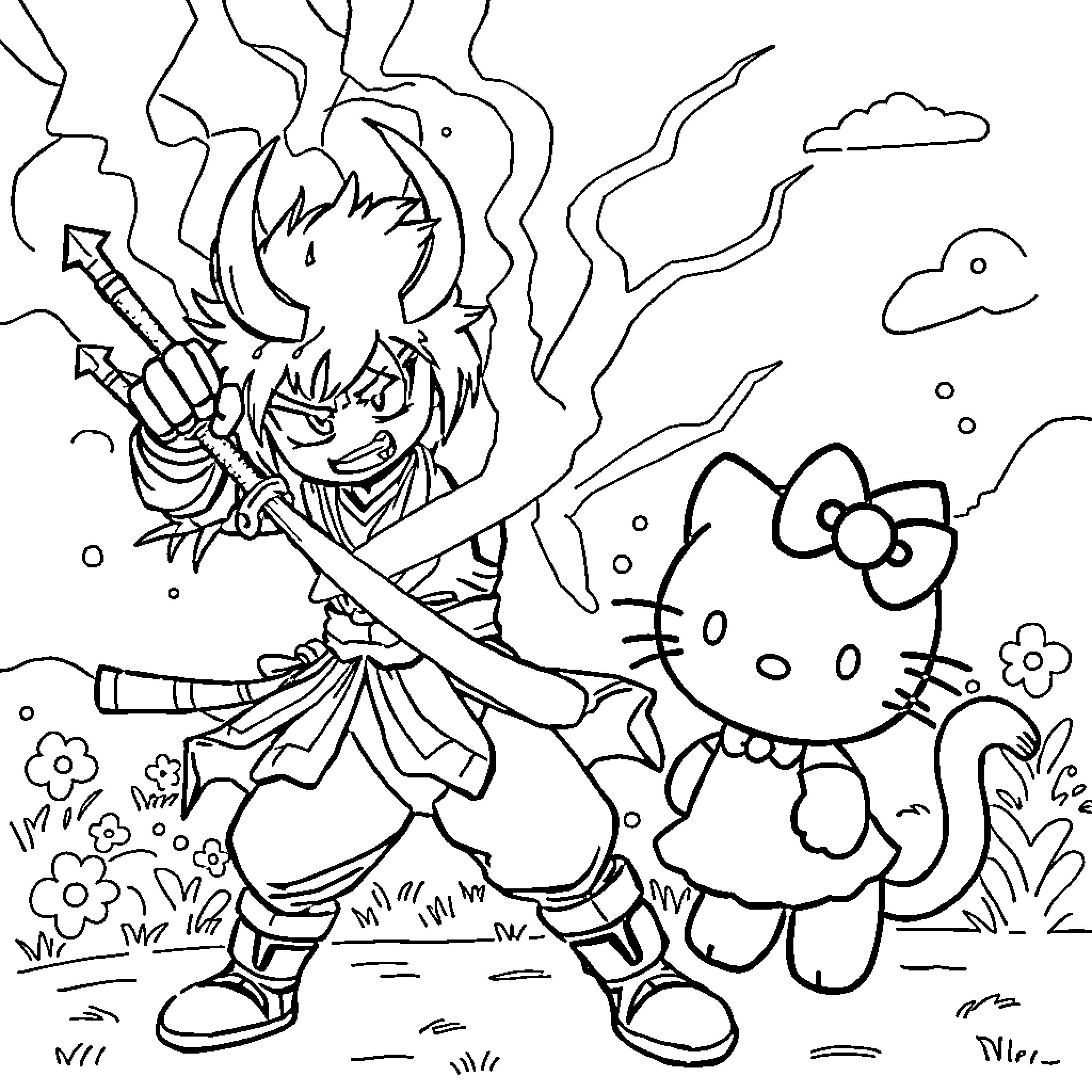 Zenitzu wielding sword against Hello Kitty Coloring Page (free black-and-white line drawing printable PDF for all, from beginners to advanced learners, including children, teens, adults, and seniors)