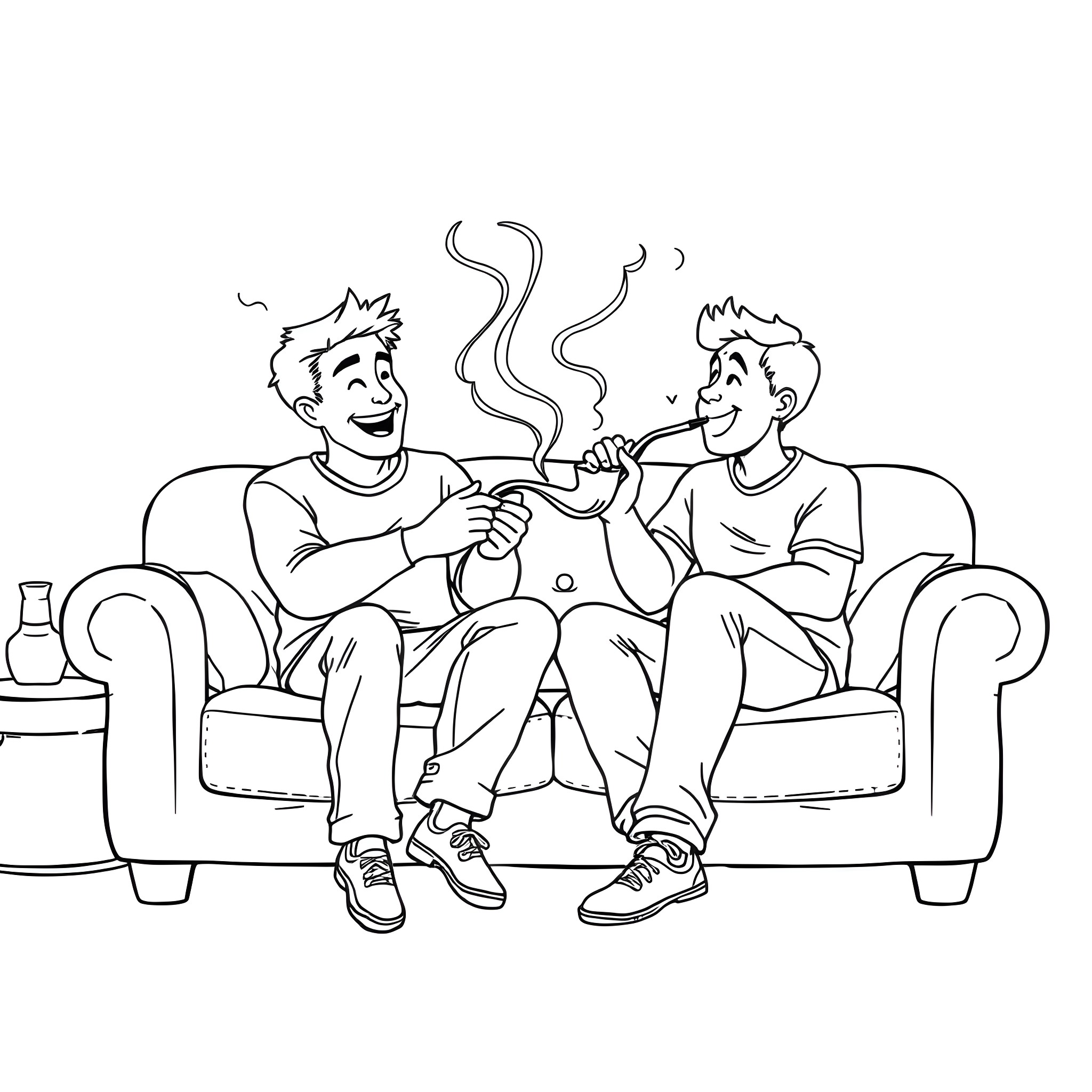 Friend's Casual Gathering on the Sofa Coloring Page (free black-and-white line drawing printable PDF for all, from beginners to advanced learners, including children, teens, adults, and seniors)
