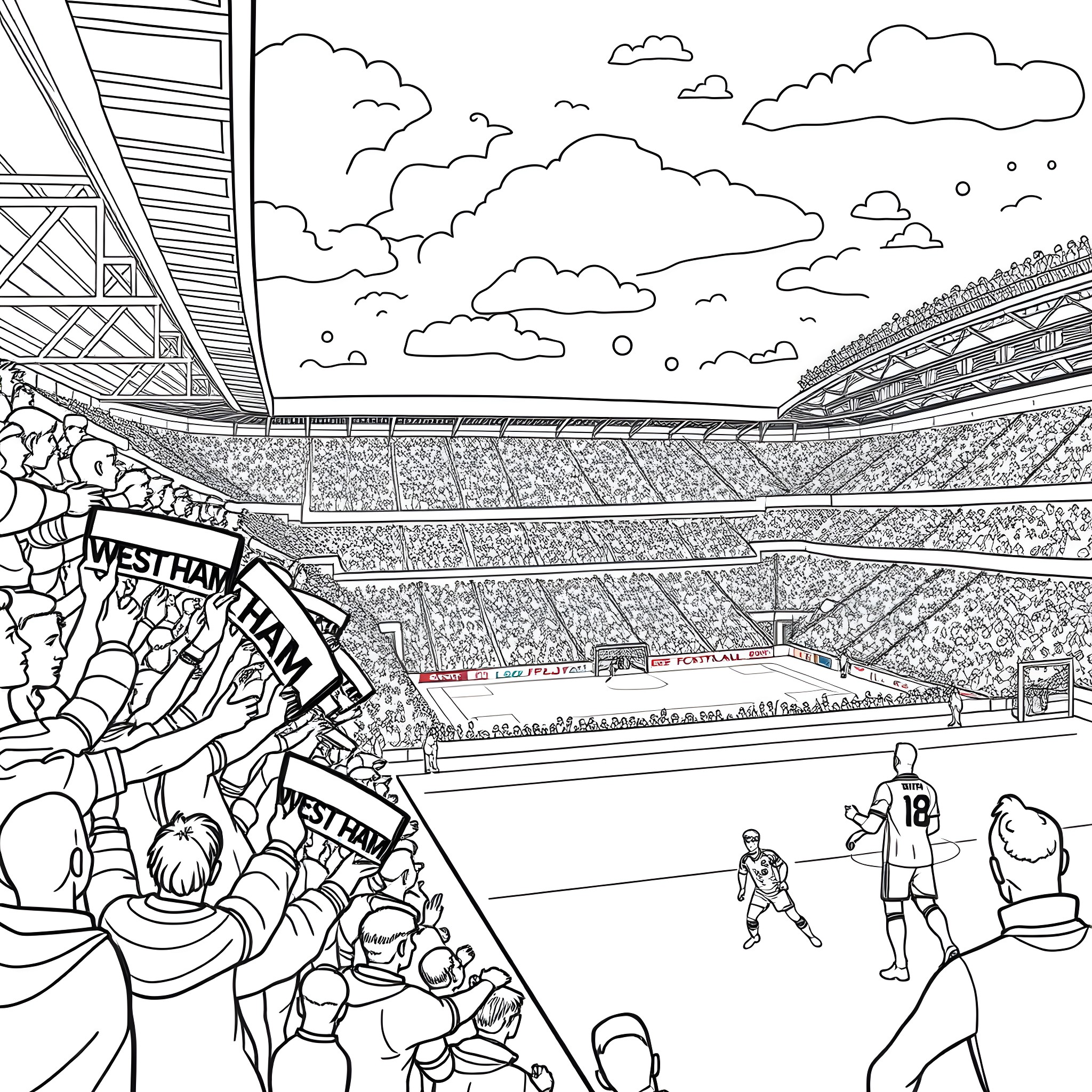 West Ham Football Club Supporters Cheering at Stadium Coloring Page (free black-and-white line drawing printable PDF for all, from beginners to advanced learners, including children, teens, adults, and seniors)