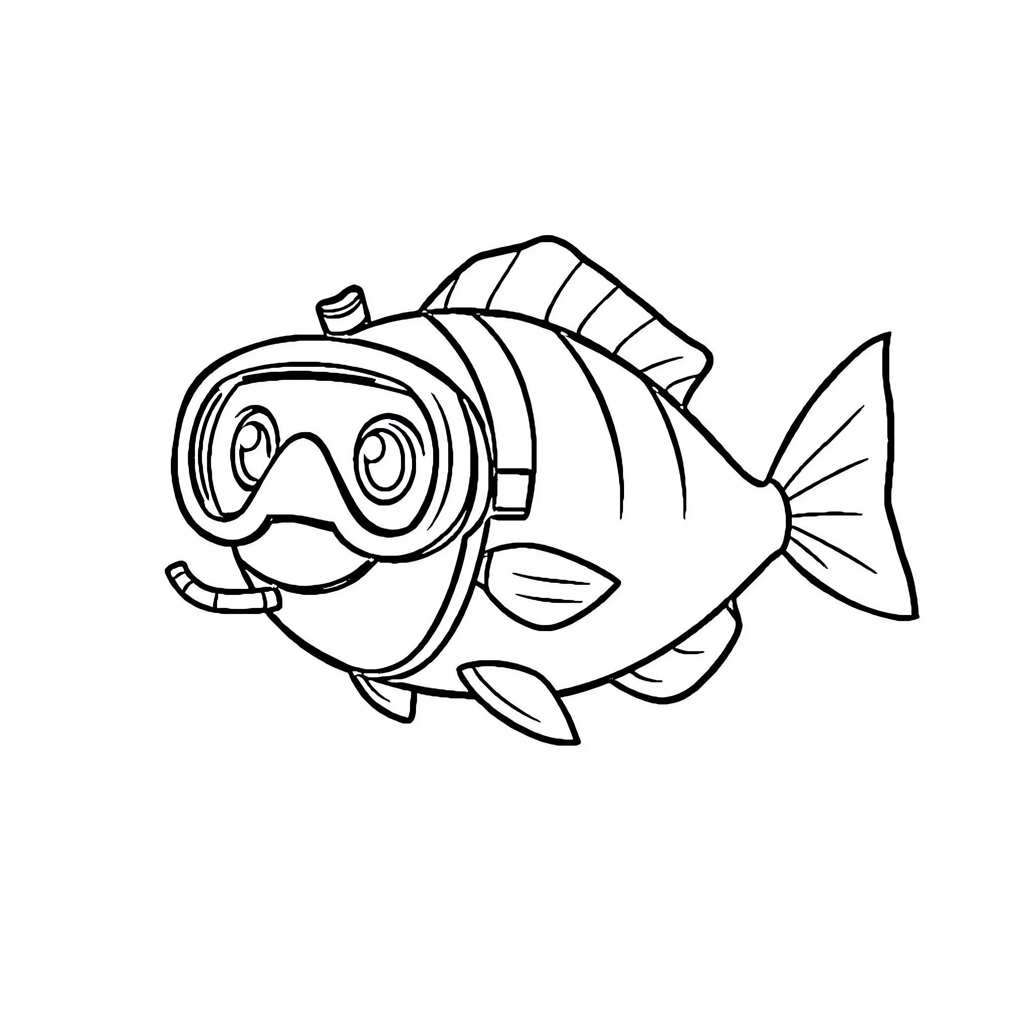 Fish swimming with snorkel gear Coloring Page (free black-and-white line drawing printable PDF for all, from beginners to advanced learners, including children, teens, adults, and seniors)