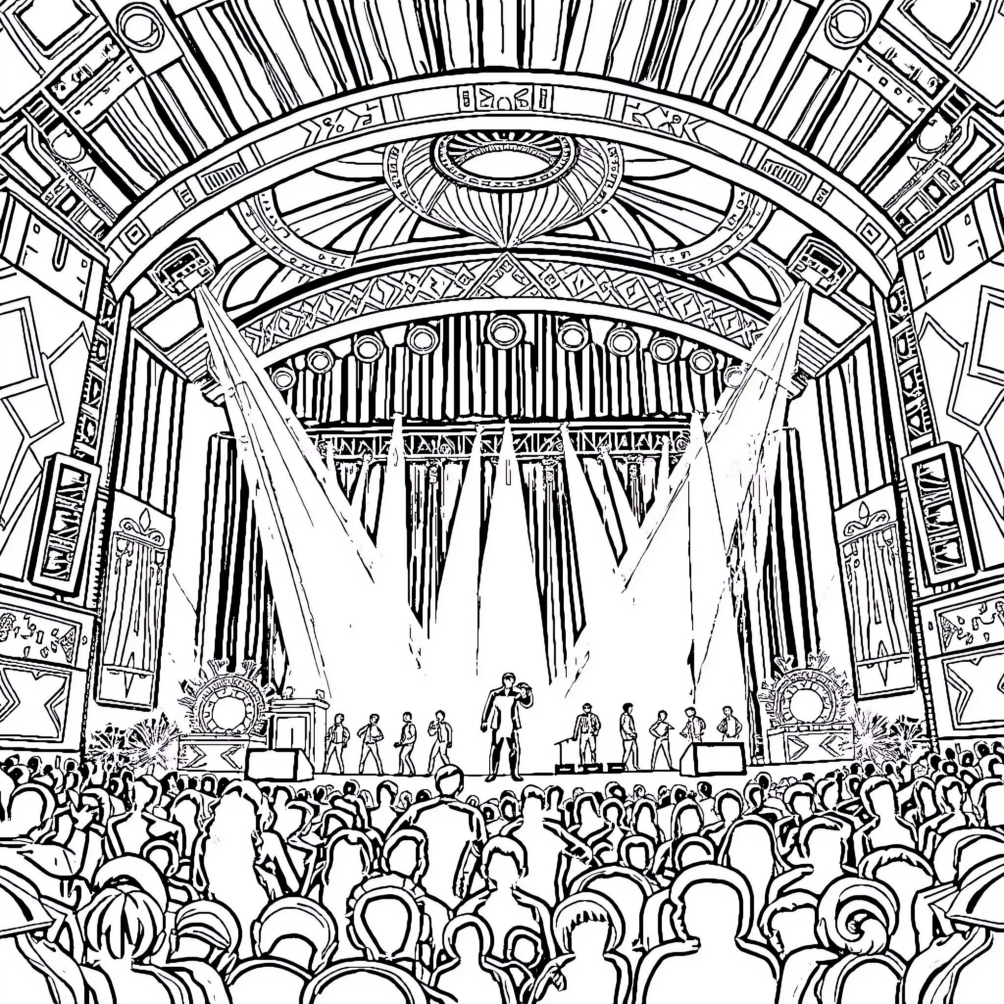 P Show: Captivating Celestial Performance Coloring Page (free black-and-white line drawing printable PDF for all, from beginners to advanced learners, including children, teens, adults, and seniors)