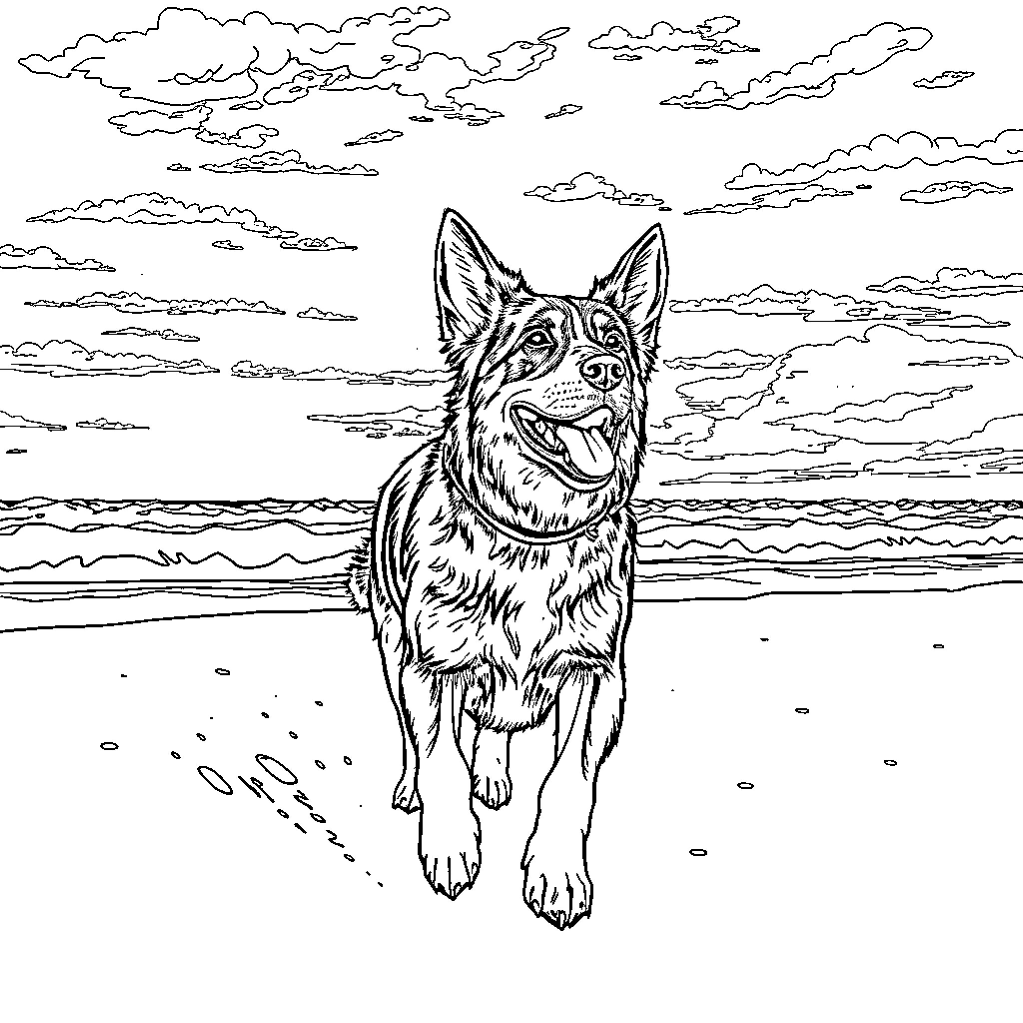 Chien enjoying the beach scenery Coloring Page (free black-and-white line drawing printable PDF for all, from beginners to advanced learners, including children, teens, adults, and seniors)