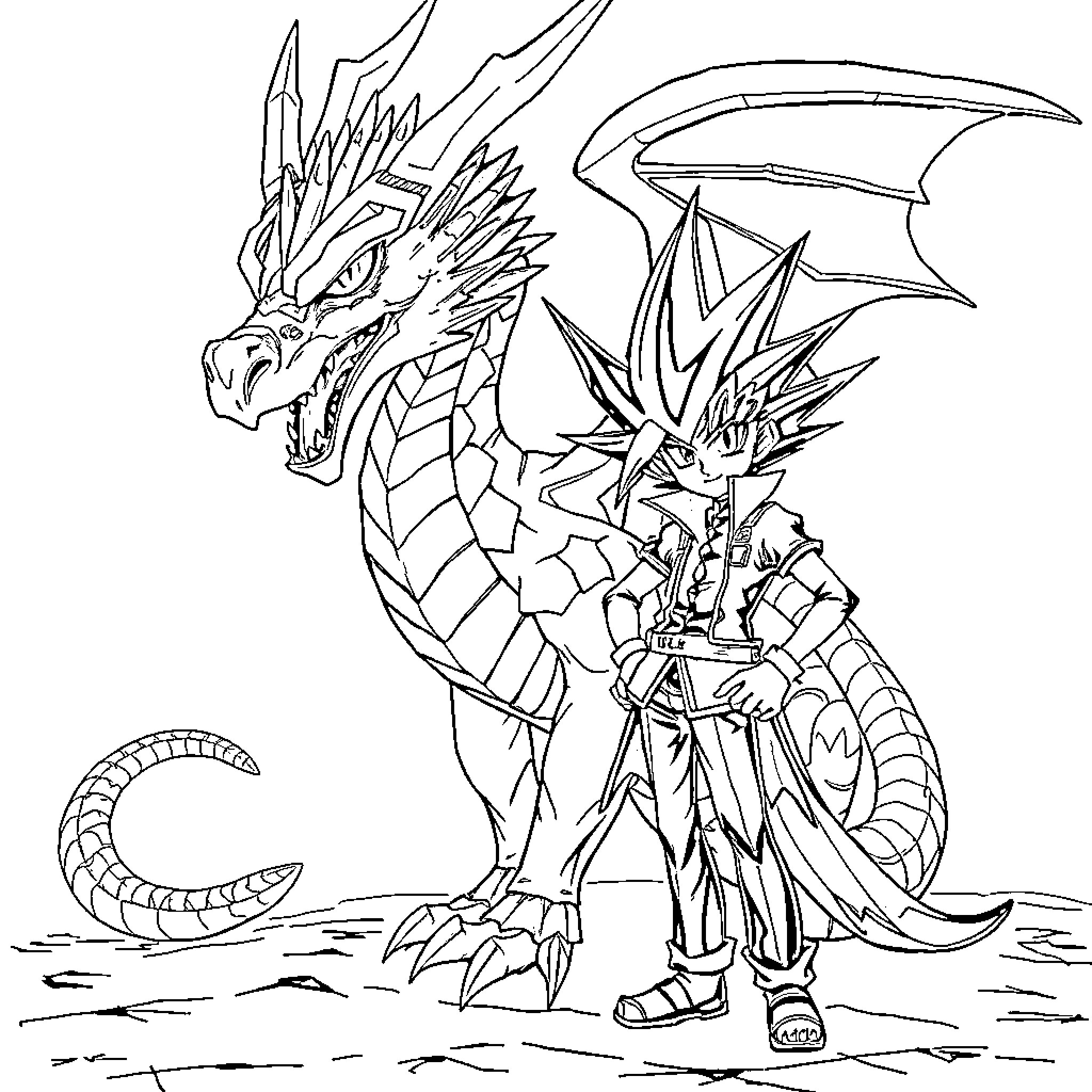 Yugi and the Fierce Dragon Guardian Coloring Page (free black-and-white line drawing printable PDF for all, from beginners to advanced learners, including children, teens, adults, and seniors)