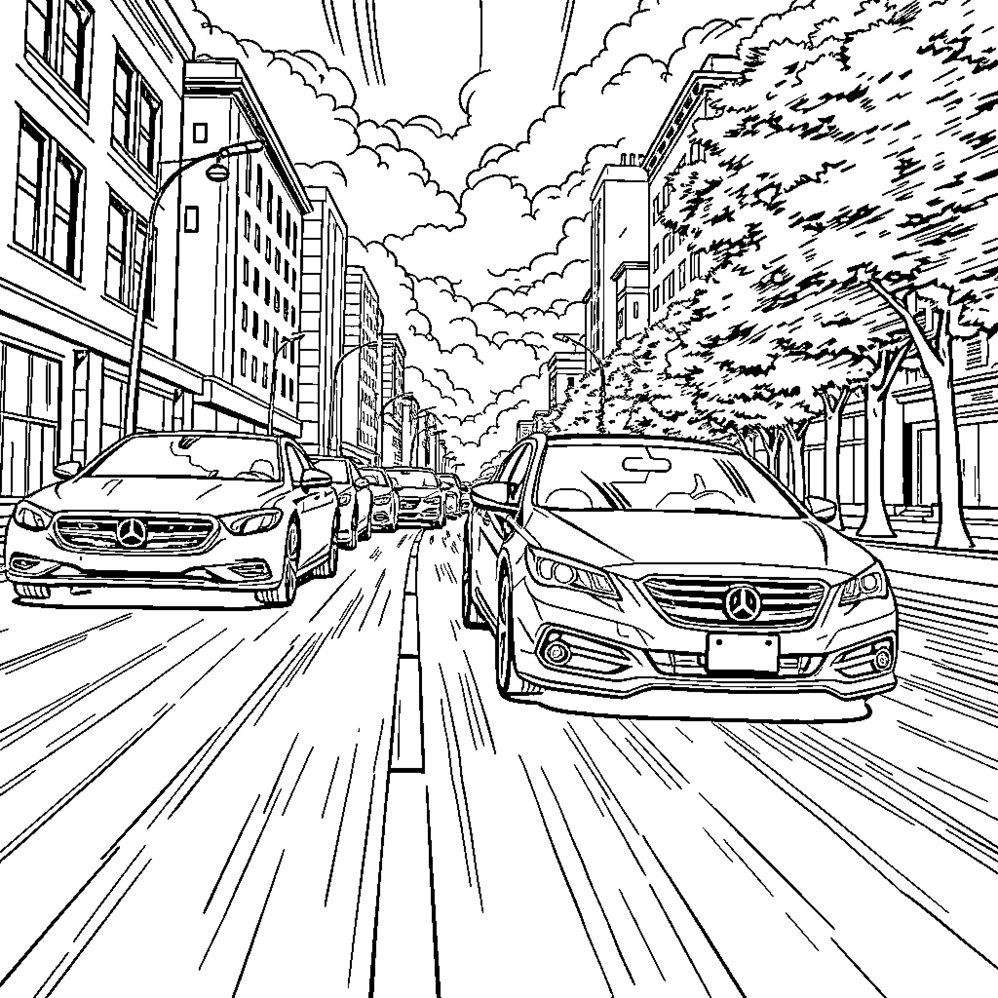 Cars in a busy city street Coloring Page (free black-and-white line drawing printable PDF for all, from beginners to advanced learners, including children, teens, adults, and seniors)