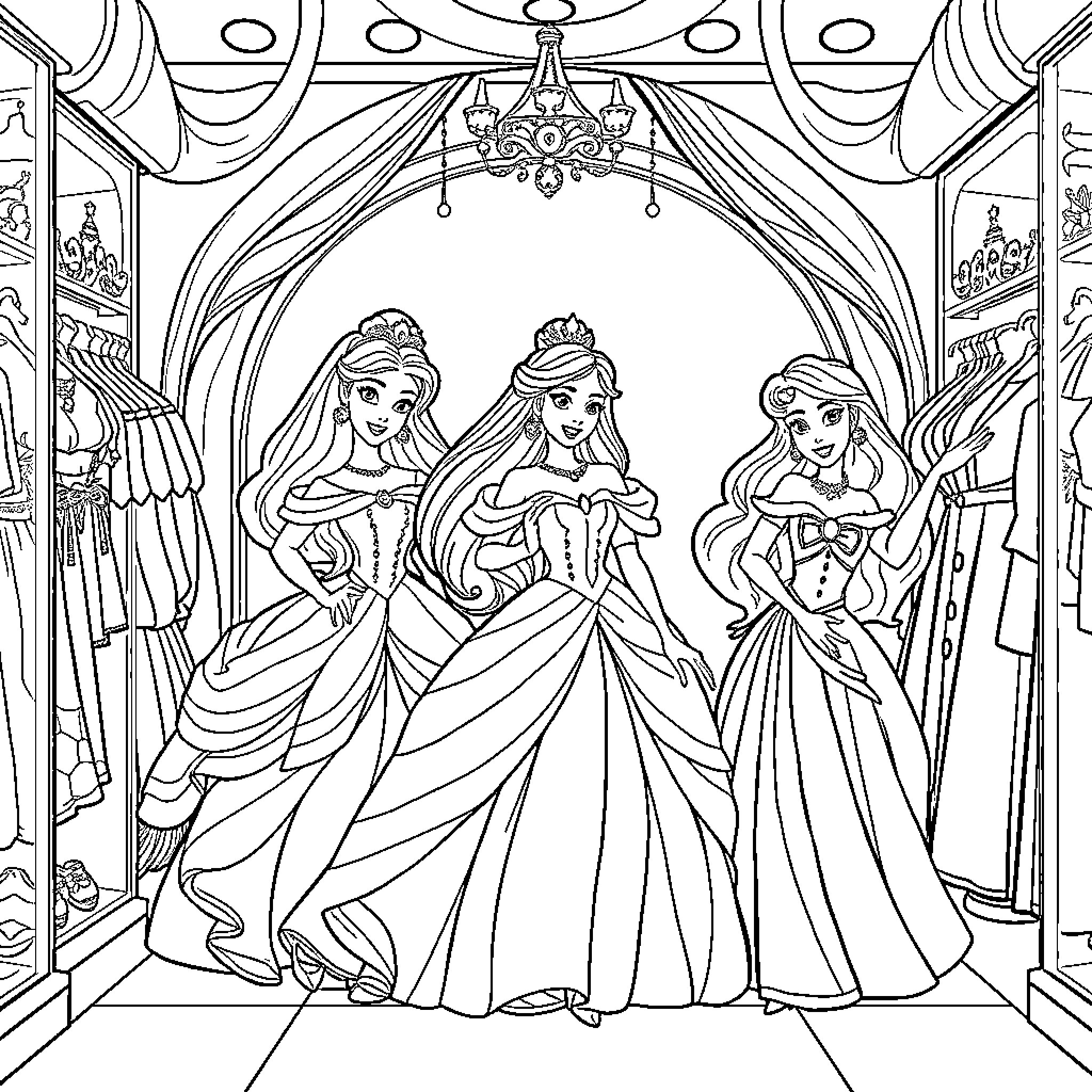 Disney Princess Ball Gown Celebration Coloring Page (free black-and-white line drawing printable PDF for all, from beginners to advanced learners, including children, teens, adults, and seniors)