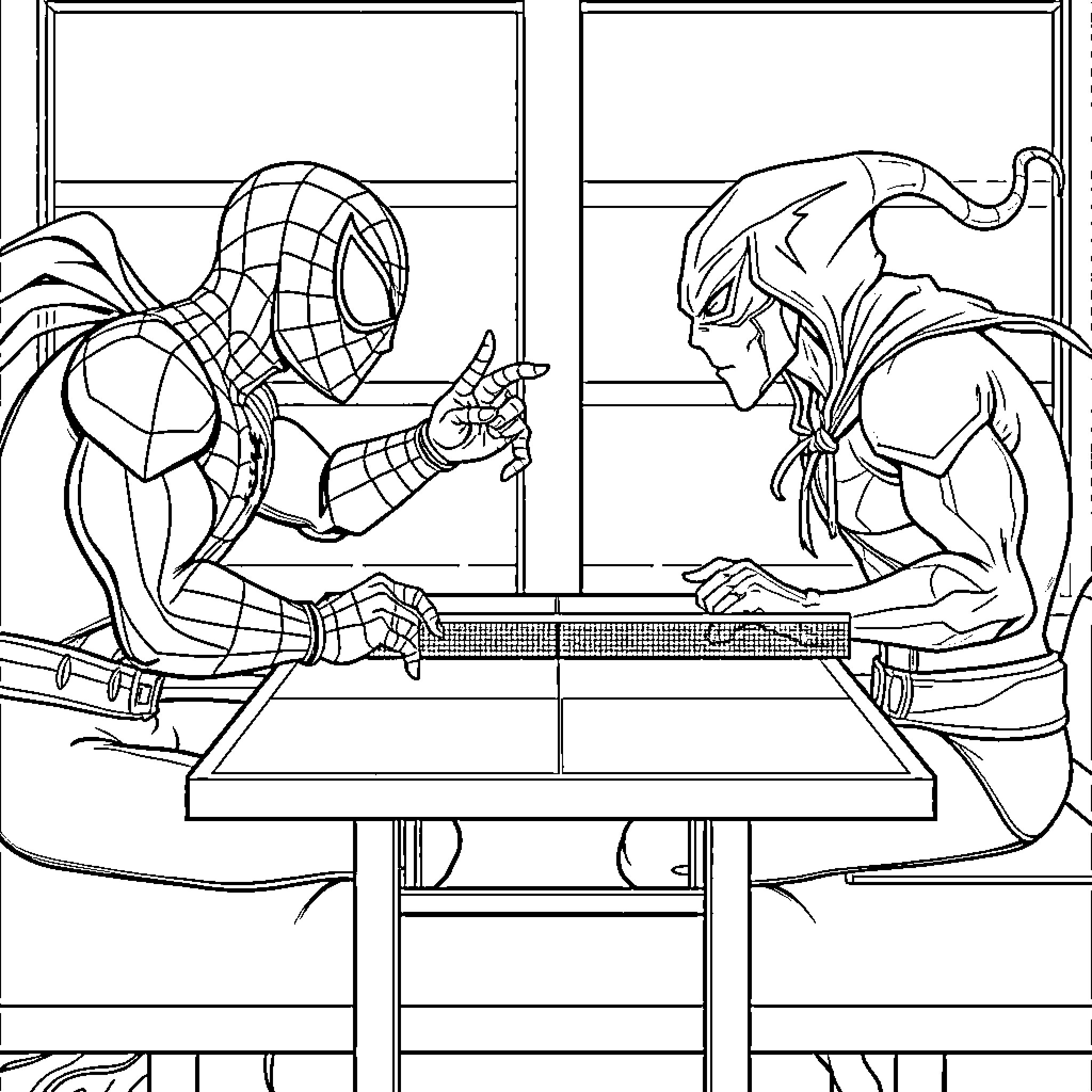Spiderman and Venom facing off Coloring Page (free black-and-white line drawing printable PDF for all, from beginners to advanced learners, including children, teens, adults, and seniors)
