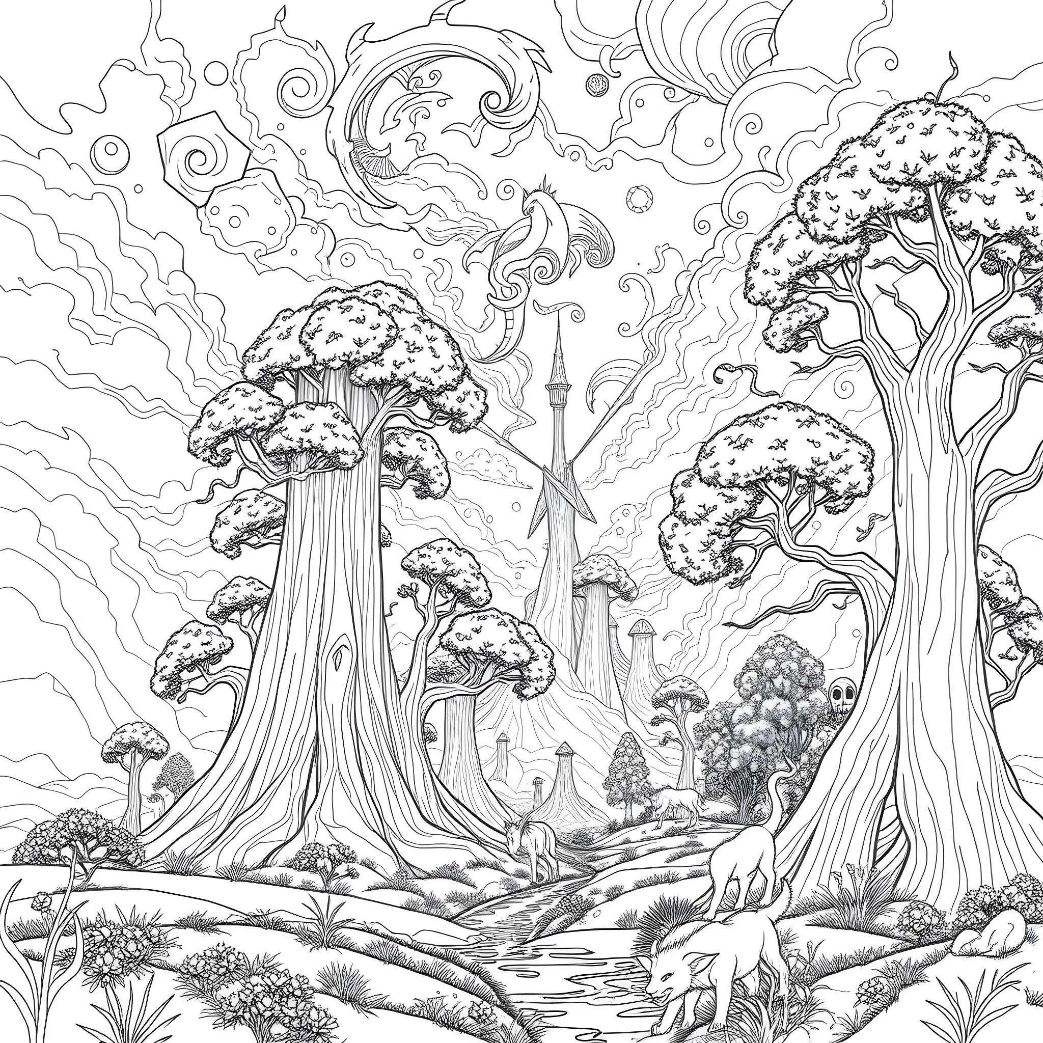 Nature's Whimsical Forest Wonderland Coloring Page (free black-and-white line drawing printable PDF for all, from beginners to advanced learners, including children, teens, adults, and seniors)