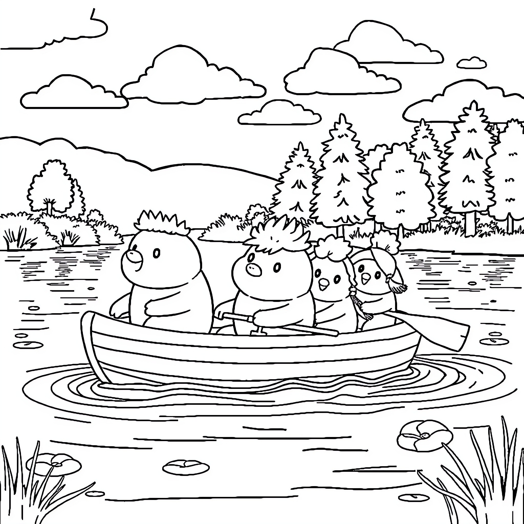 Pompompuin enjoying a boat ride on the lake Coloring Page (free black-and-white line drawing printable PDF for all, from beginners to advanced learners, including children, teens, adults, and seniors)