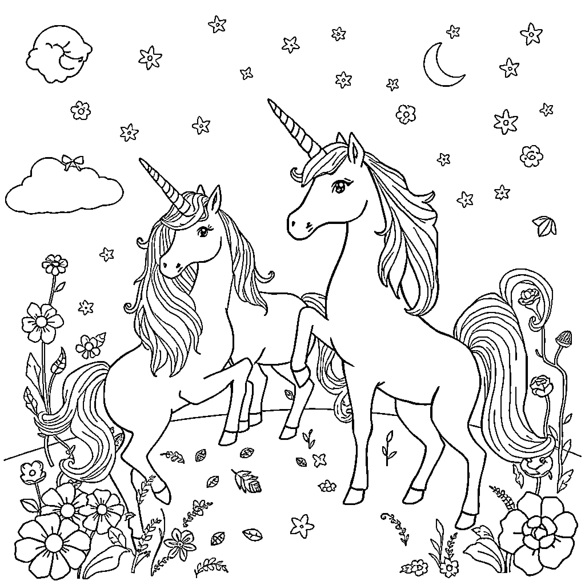 Unicorn prancing through a magical meadow Coloring Page (free black-and-white line drawing printable PDF for all, from beginners to advanced learners, including children, teens, adults, and seniors)