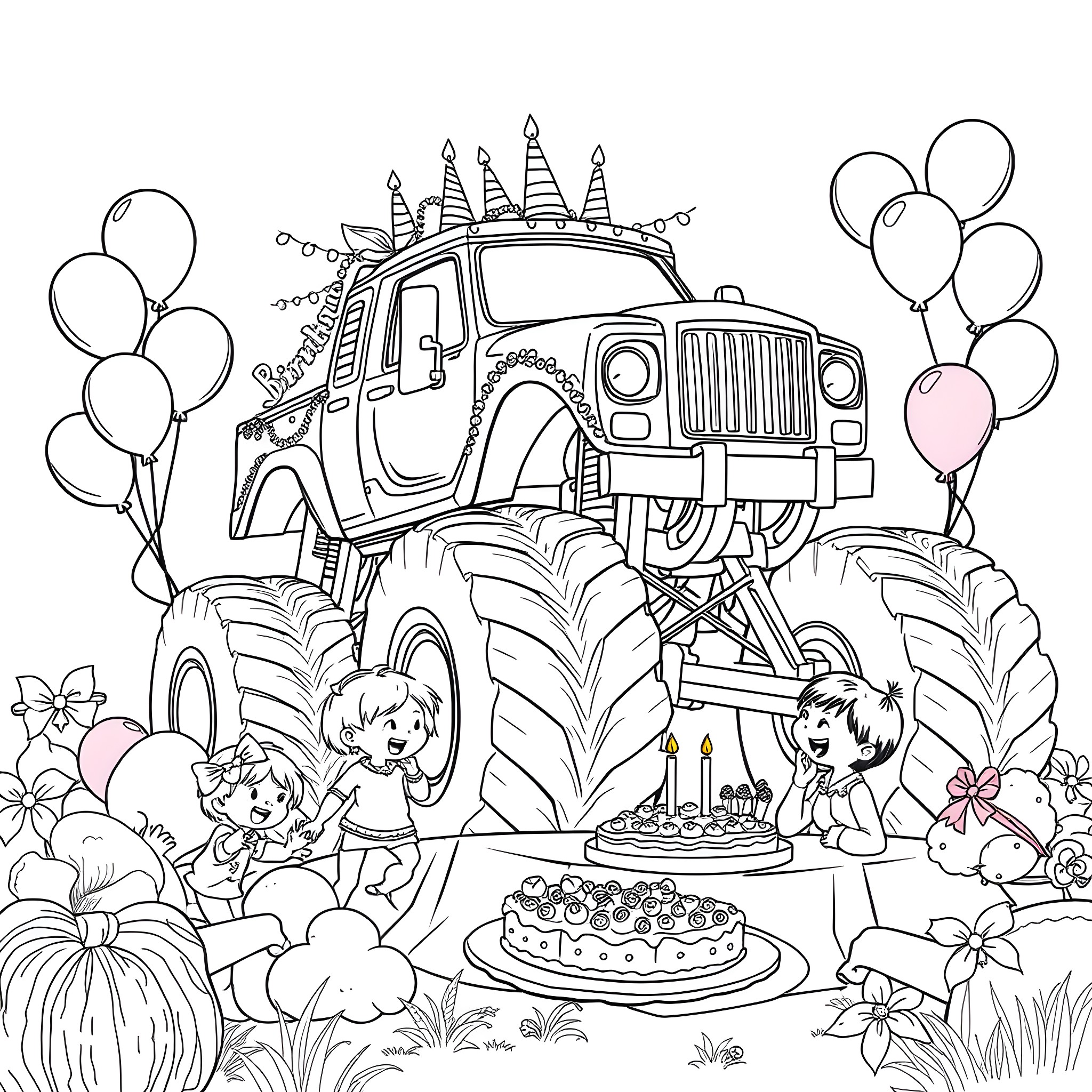 Monster Truck Celebration with Decorations and Balloons Coloring Page (free black-and-white line drawing printable PDF for all, from beginners to advanced learners, including children, teens, adults, and seniors)