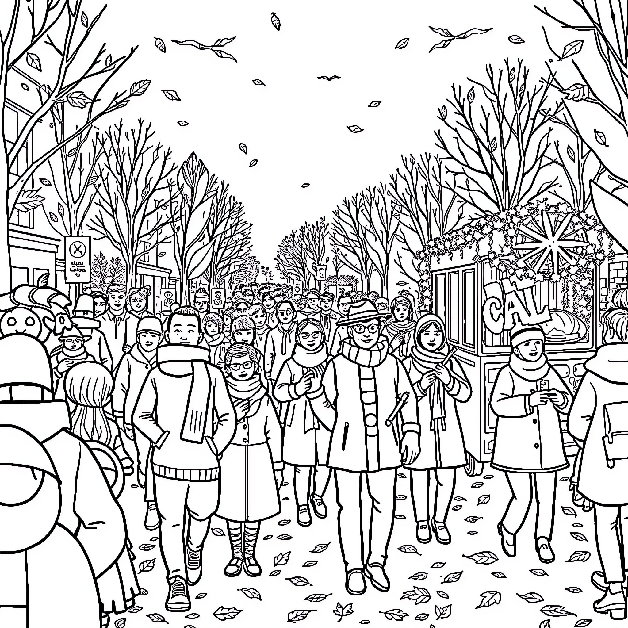 Fall Parade of Festive Crowds and Celebrations Coloring Page (free black-and-white line drawing printable PDF for all, from beginners to advanced learners, including children, teens, adults, and seniors)