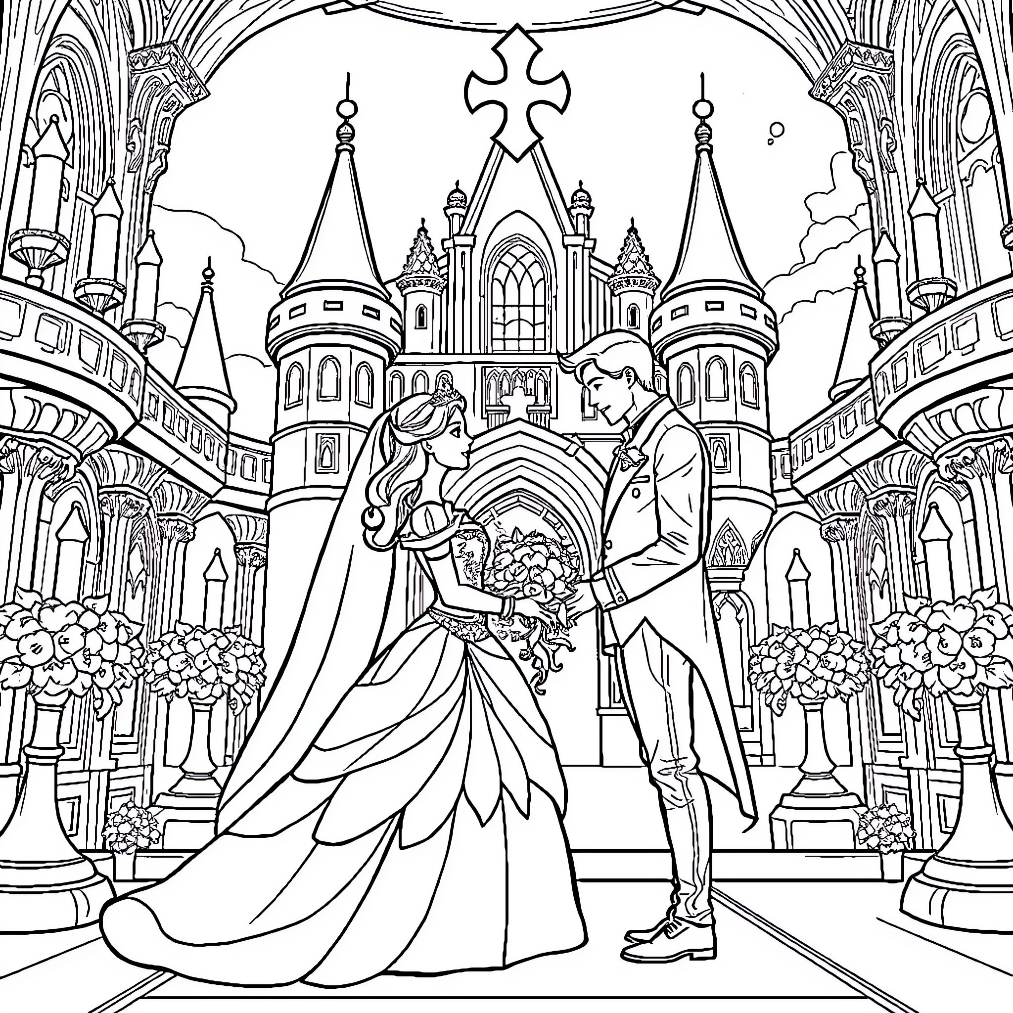 Princess and Prince's Fairy Tale Wedding in Enchanted Castle Coloring Page (free black-and-white line drawing printable PDF for all, from beginners to advanced learners, including children, teens, adults, and seniors)
