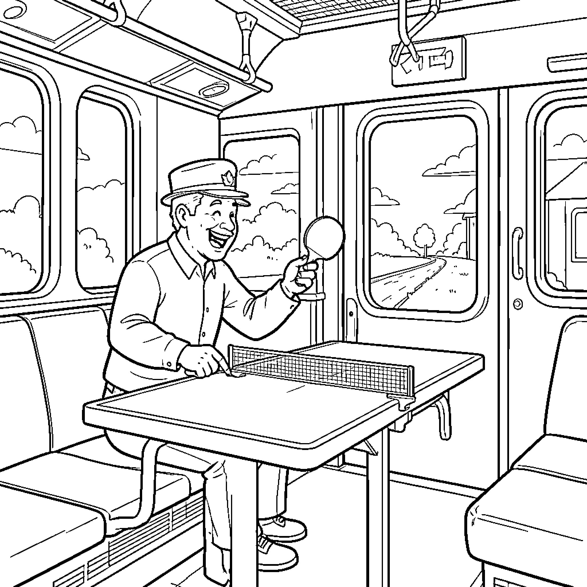 Train Driver playing table tennis inside a train car Coloring Page (free black-and-white line drawing printable PDF for all, from beginners to advanced learners, including children, teens, adults, and seniors)