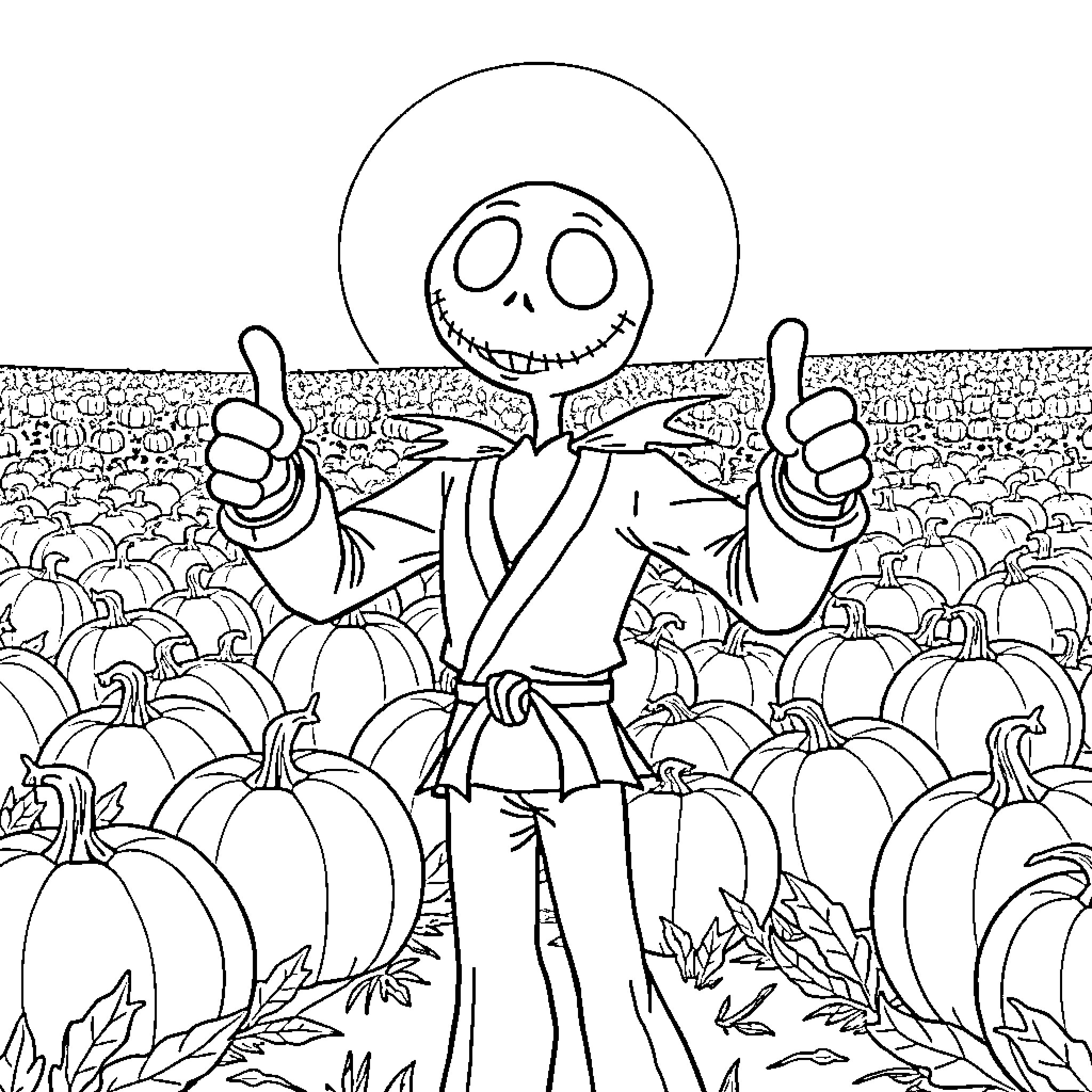 Jack Skellington's Joyful Embrace of Autumn Festivities Coloring Page (free black-and-white line drawing printable PDF for all, from beginners to advanced learners, including children, teens, adults, and seniors)