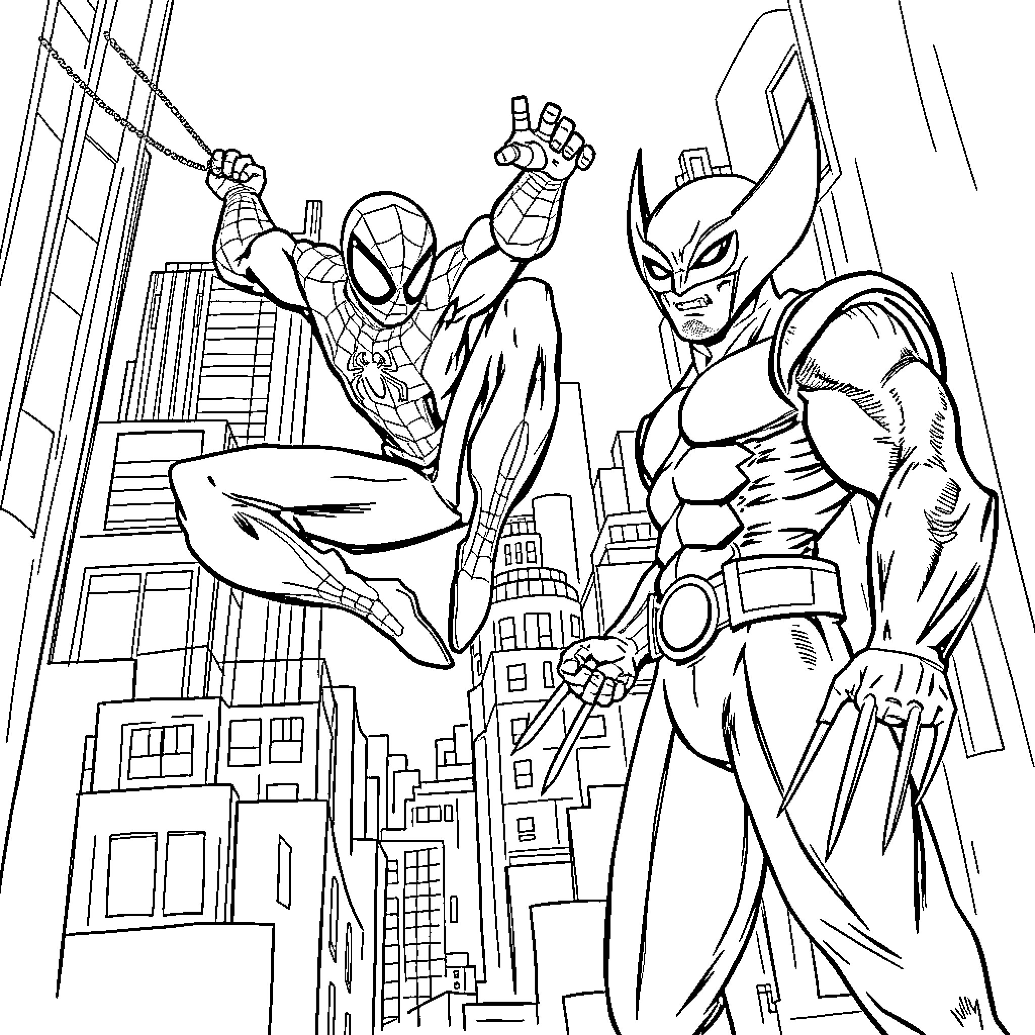 Spiderman and Wolverine in Action against City Skyline Coloring Page (free black-and-white line drawing printable PDF for all, from beginners to advanced learners, including children, teens, adults, and seniors)