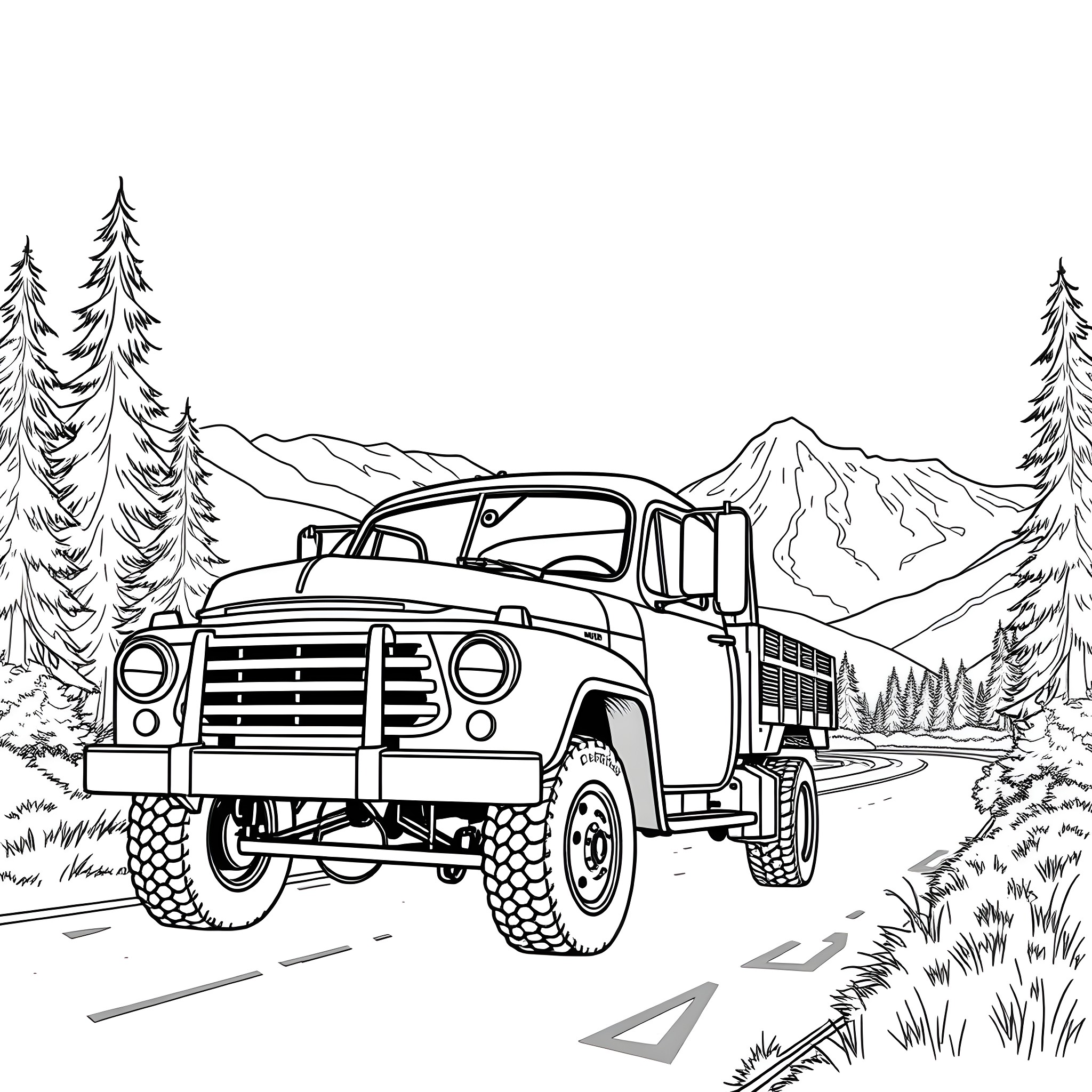Truck driving through scenic mountain landscape Coloring Page (free black-and-white line drawing printable PDF for all, from beginners to advanced learners, including children, teens, adults, and seniors)