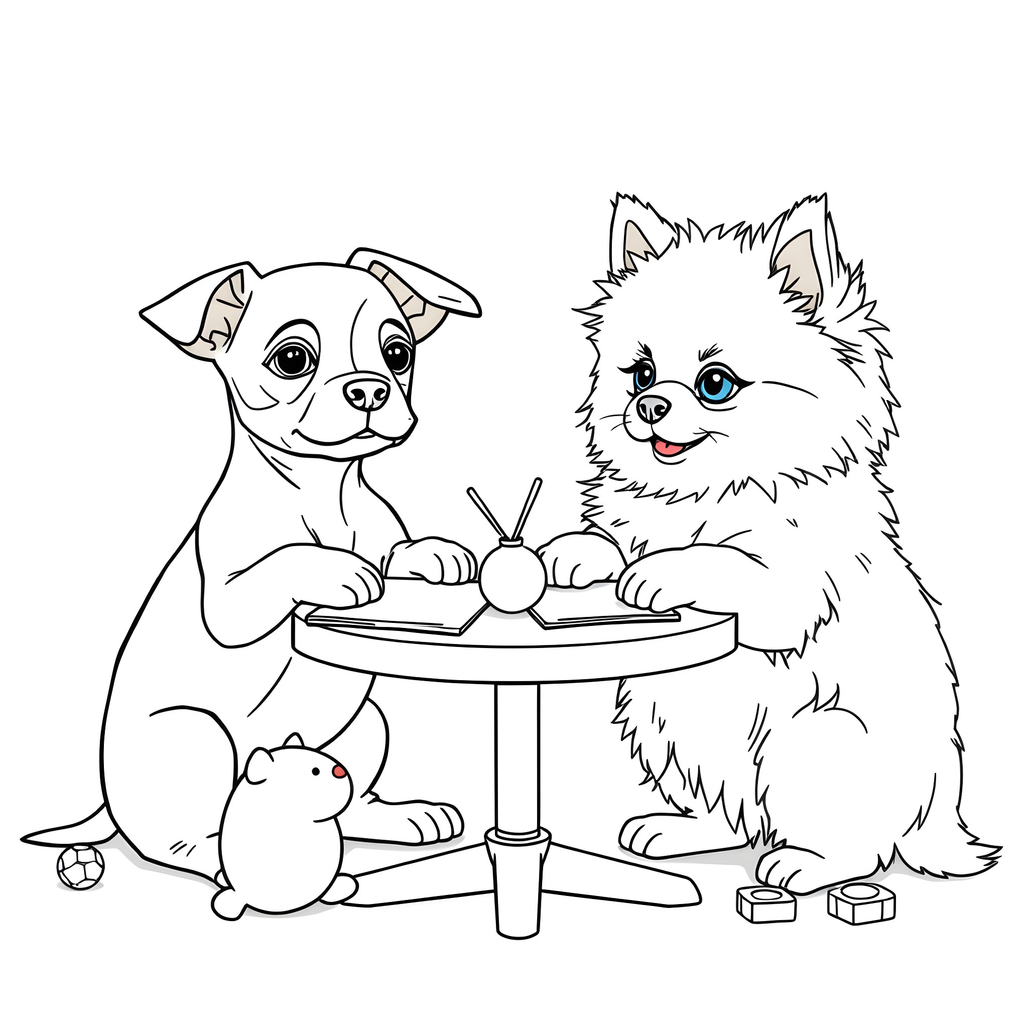 Puppies Playing with Toys at the Table Coloring Page (free black-and-white line drawing printable PDF for all, from beginners to advanced learners, including children, teens, adults, and seniors)