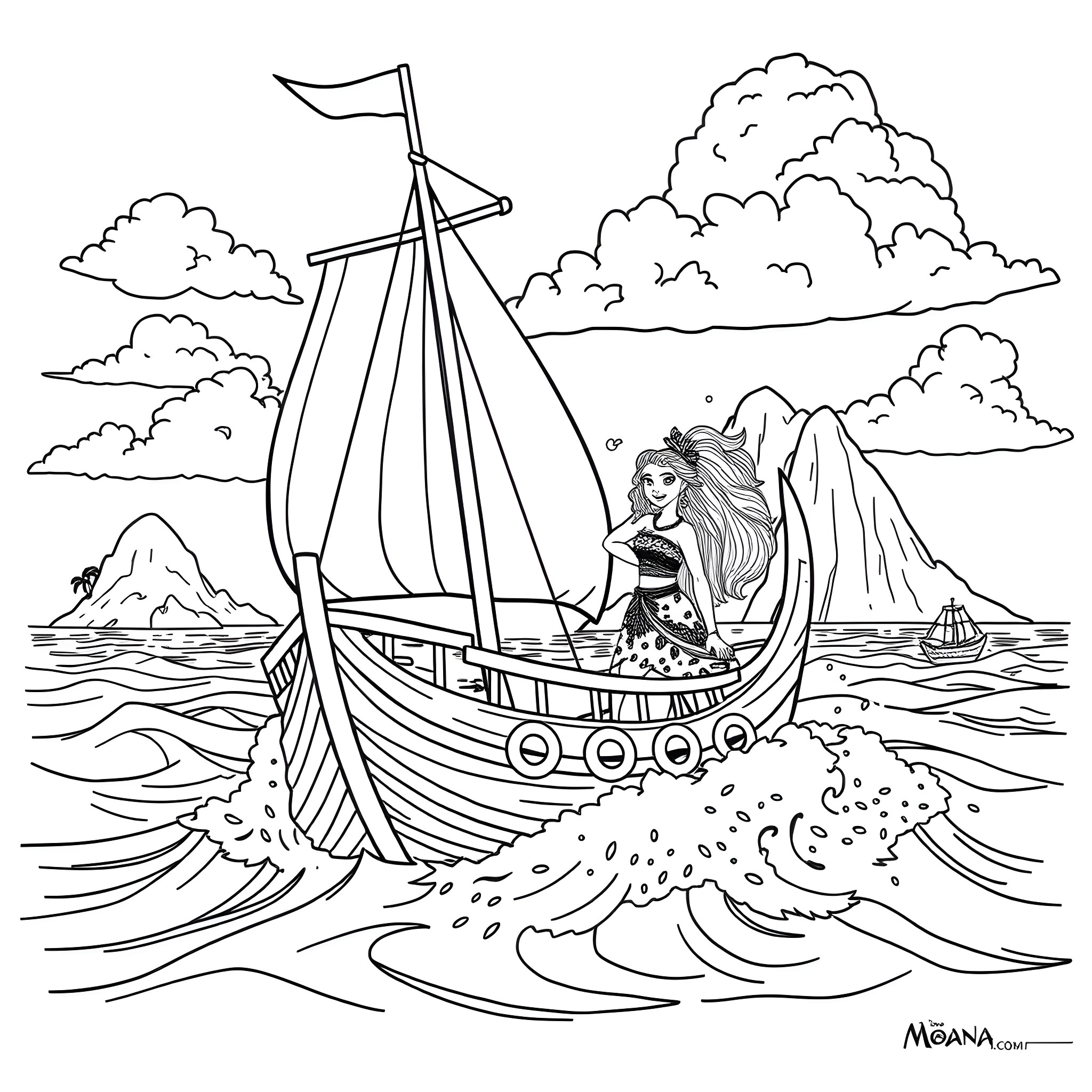 Moana sailing her voyaging canoe through the ocean Coloring Page (free black-and-white line drawing printable PDF for all, from beginners to advanced learners, including children, teens, adults, and seniors)